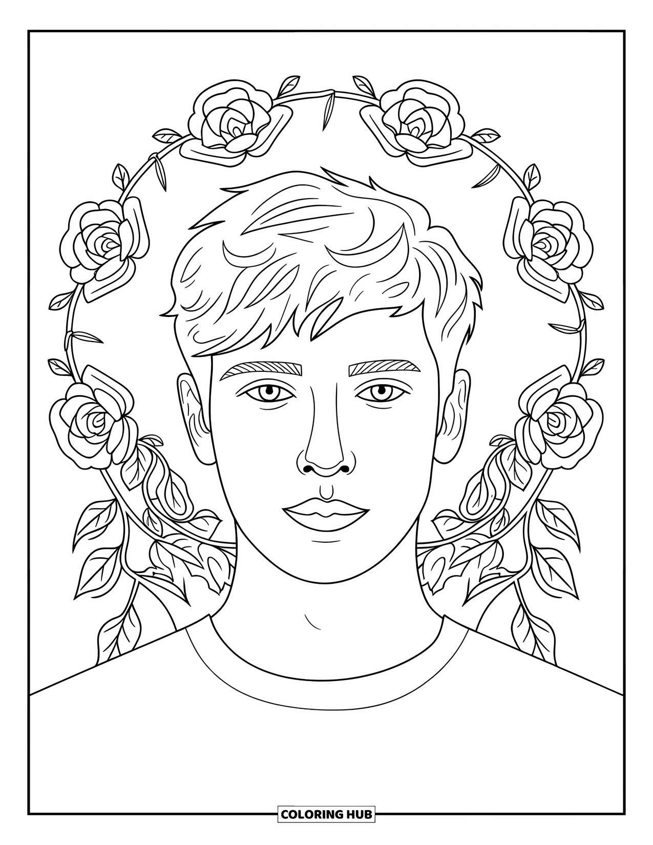 Boyfriend Coloring Page for Adults: A charming boyfriend is framed by roses and ivy vines