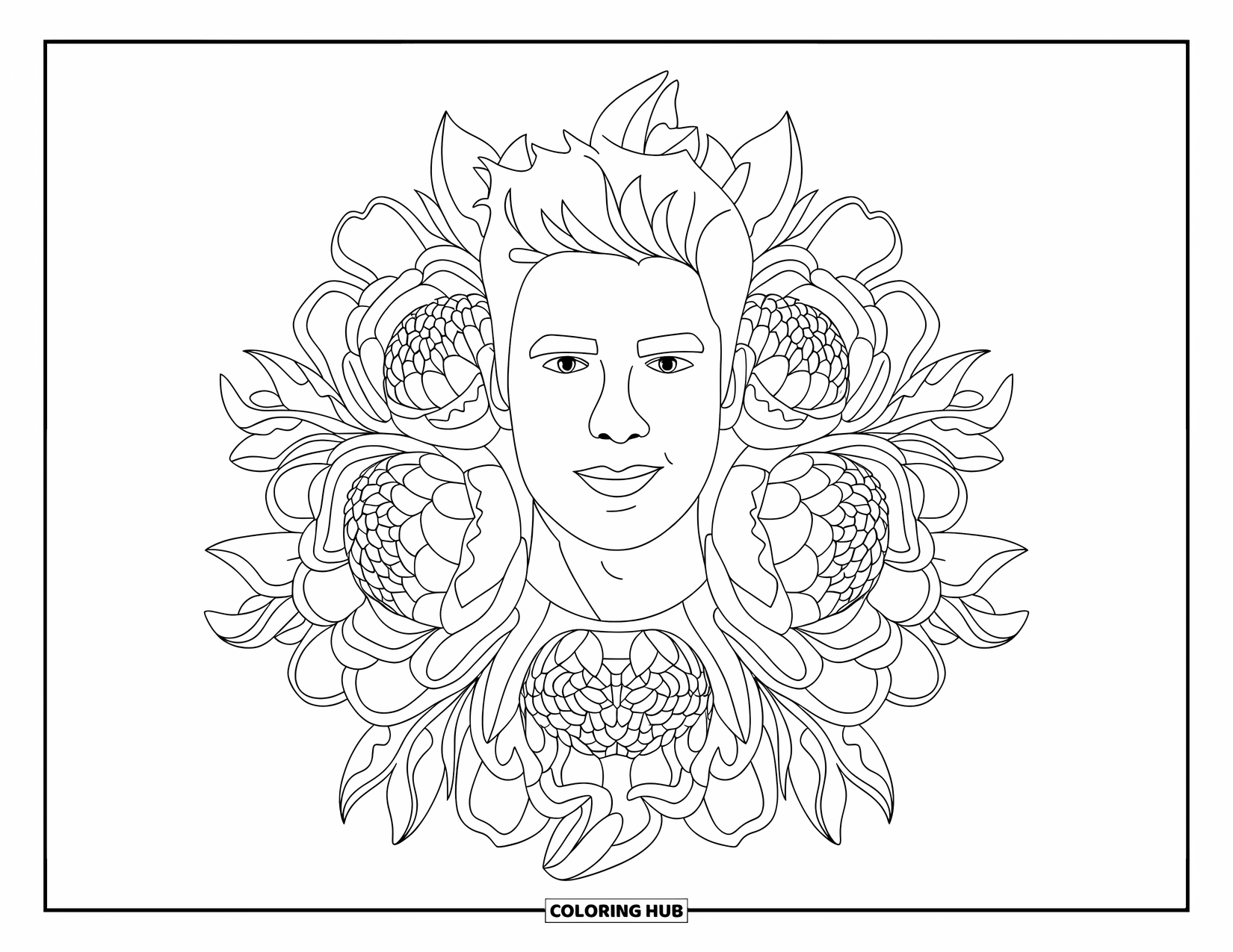 Boyfriend Coloring Page for Adults: A confident boyfriend is centered in a bold peony mandala