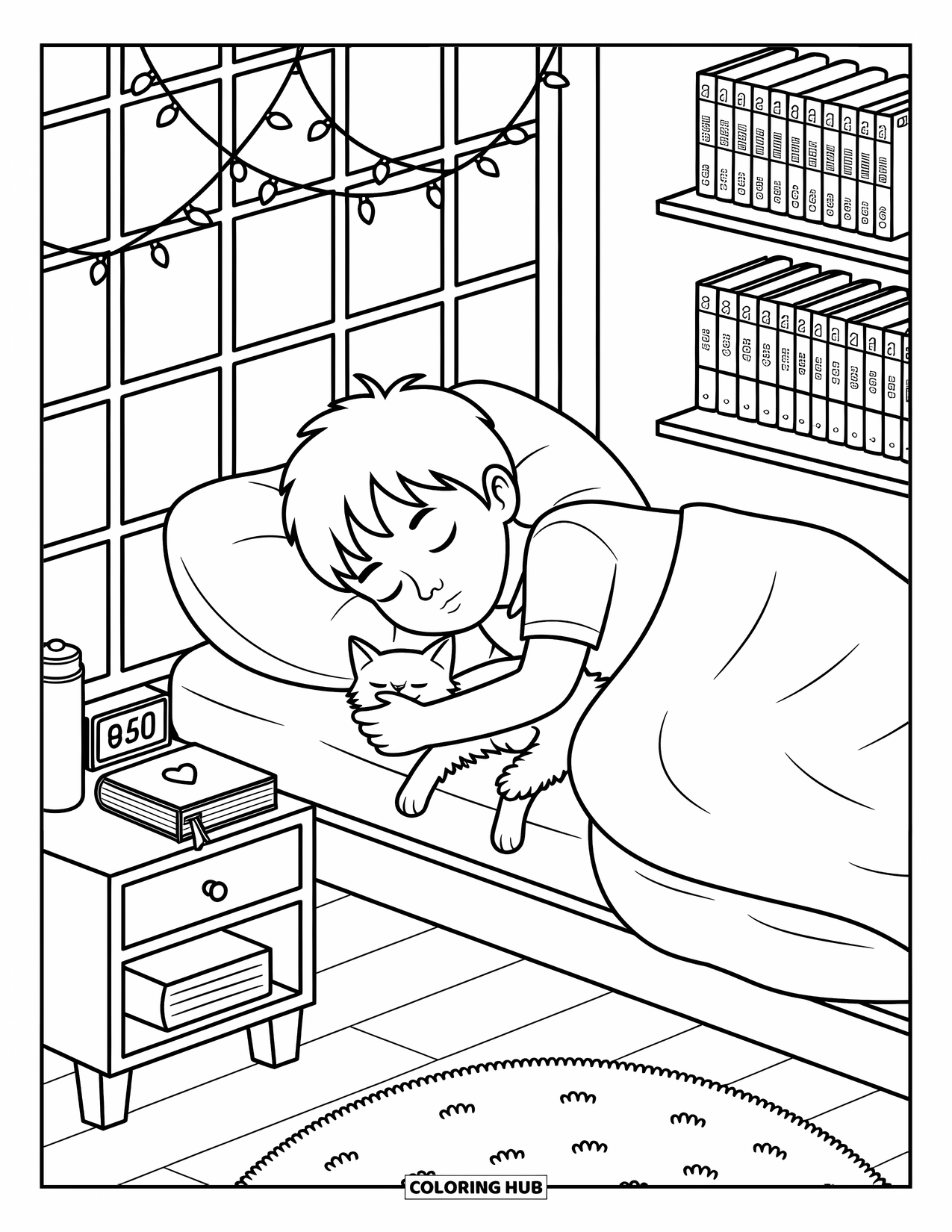 Boyfriend Coloring Page for Adults: He naps under string lights with a cat and a cozy blanket