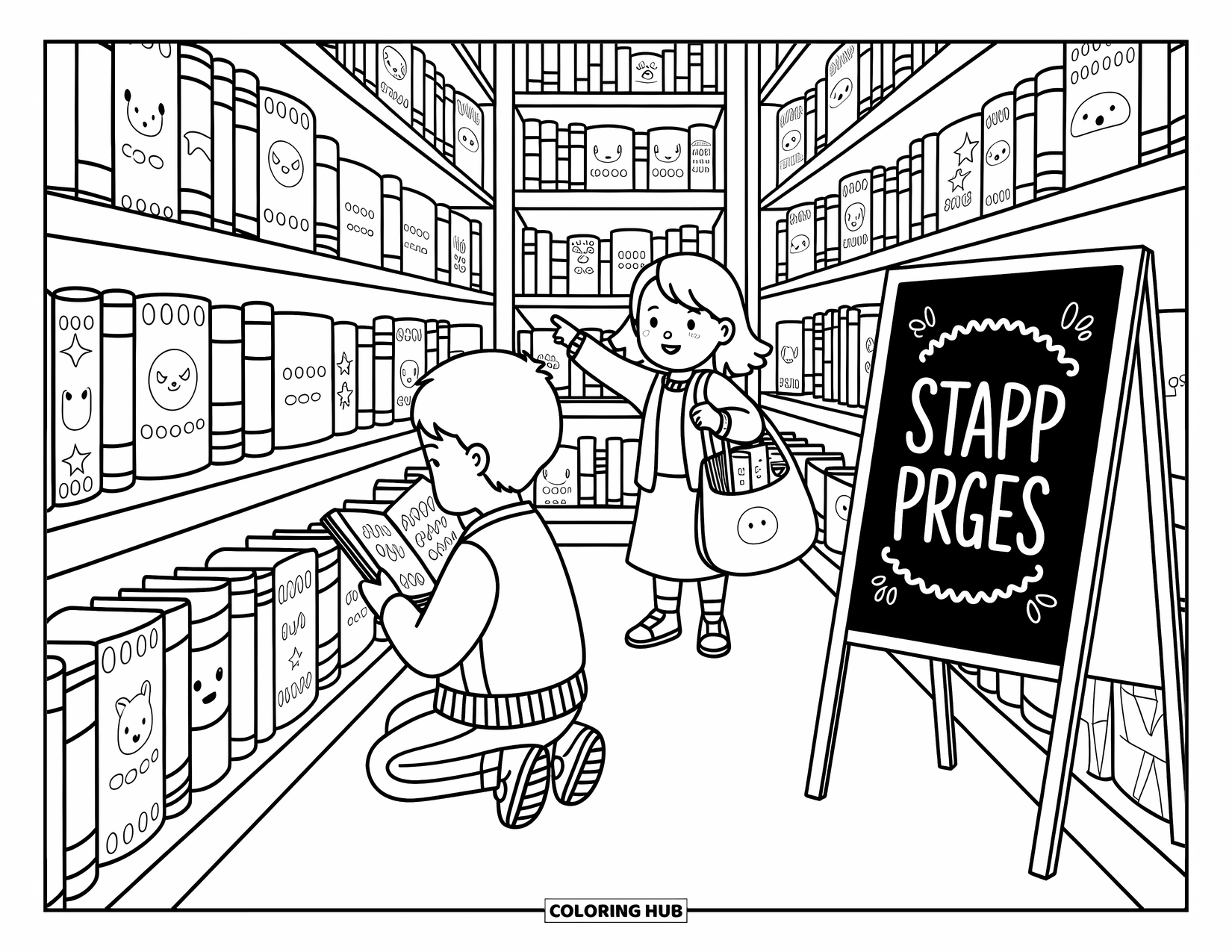 Boyfriend Coloring Page for Adults: He reads a book while she points above in a warm little shop