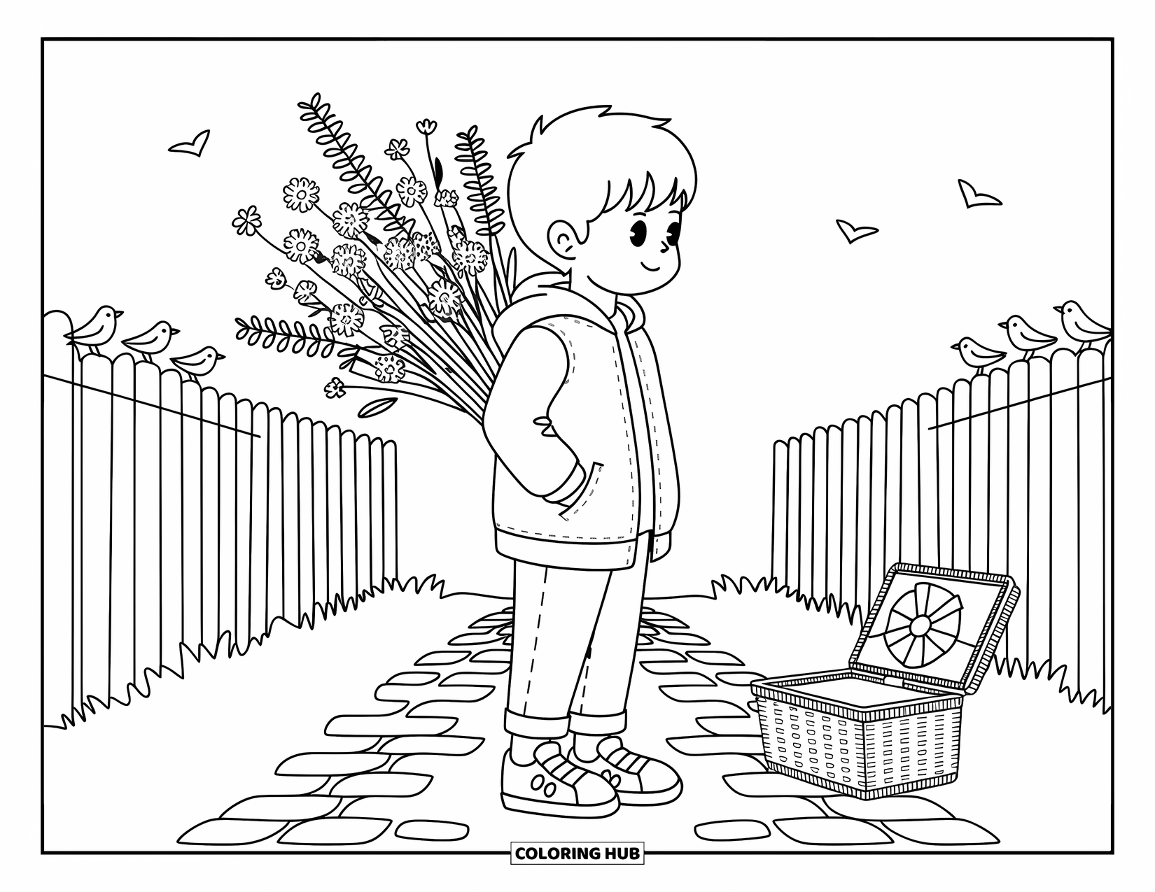 Boyfriend Coloring Page for Adults: He stands in the park with flowers hidden and birds nearby