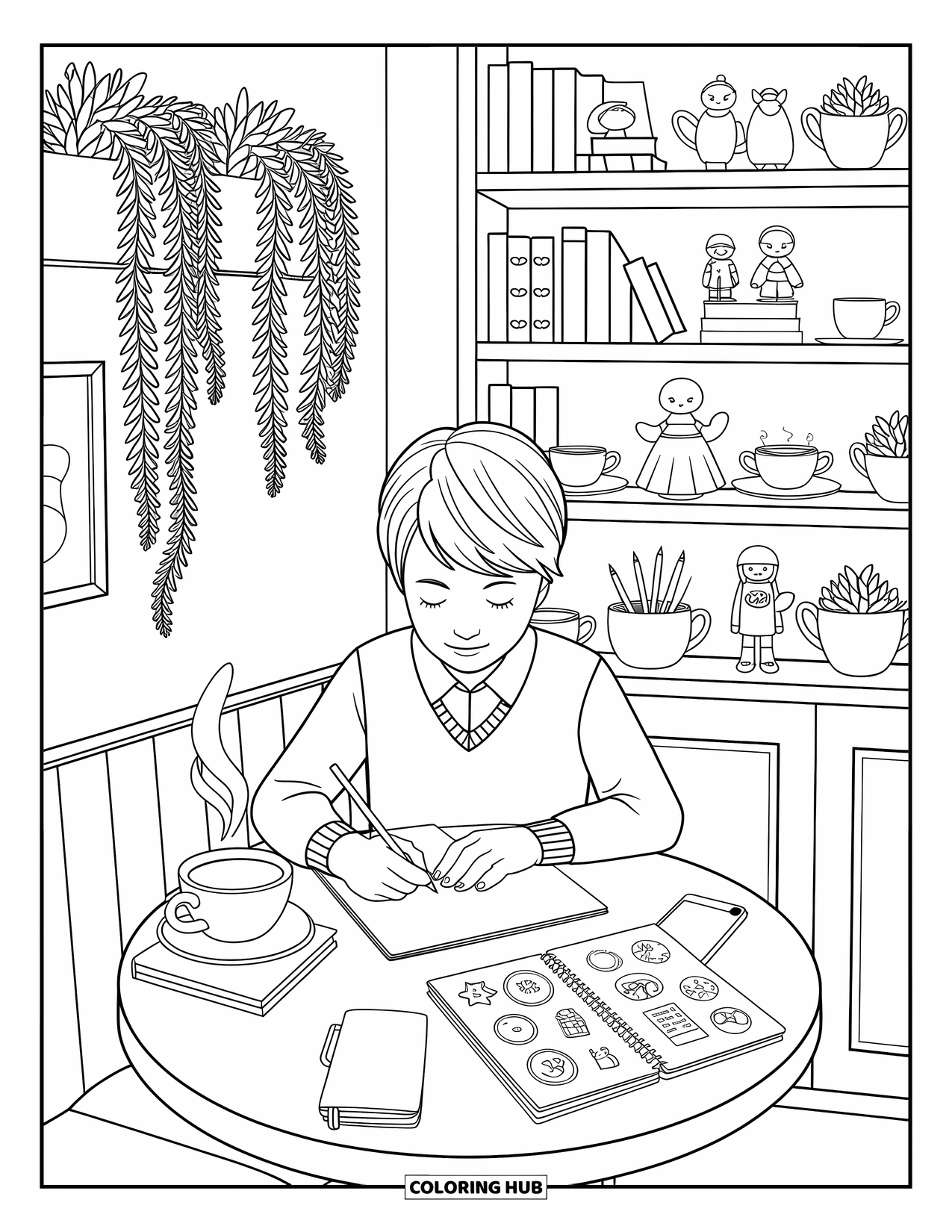 Boyfriend Coloring Page for Adults: Heís writing in a cafÈ with glasses, cocoa, and cute stickers