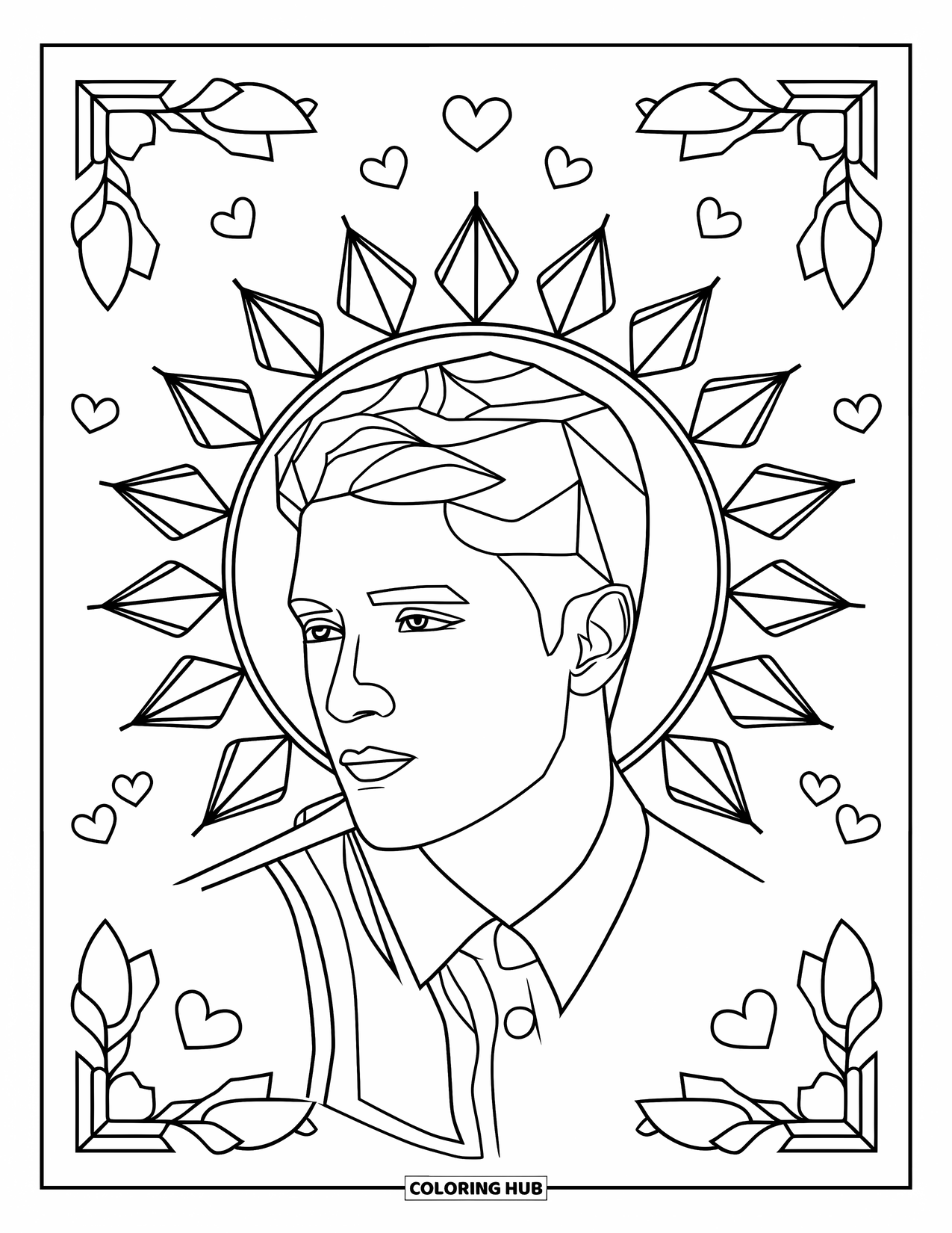 Boyfriend Coloring Page for Adults: His quiet smile glows under heart-filled stained glass patterns