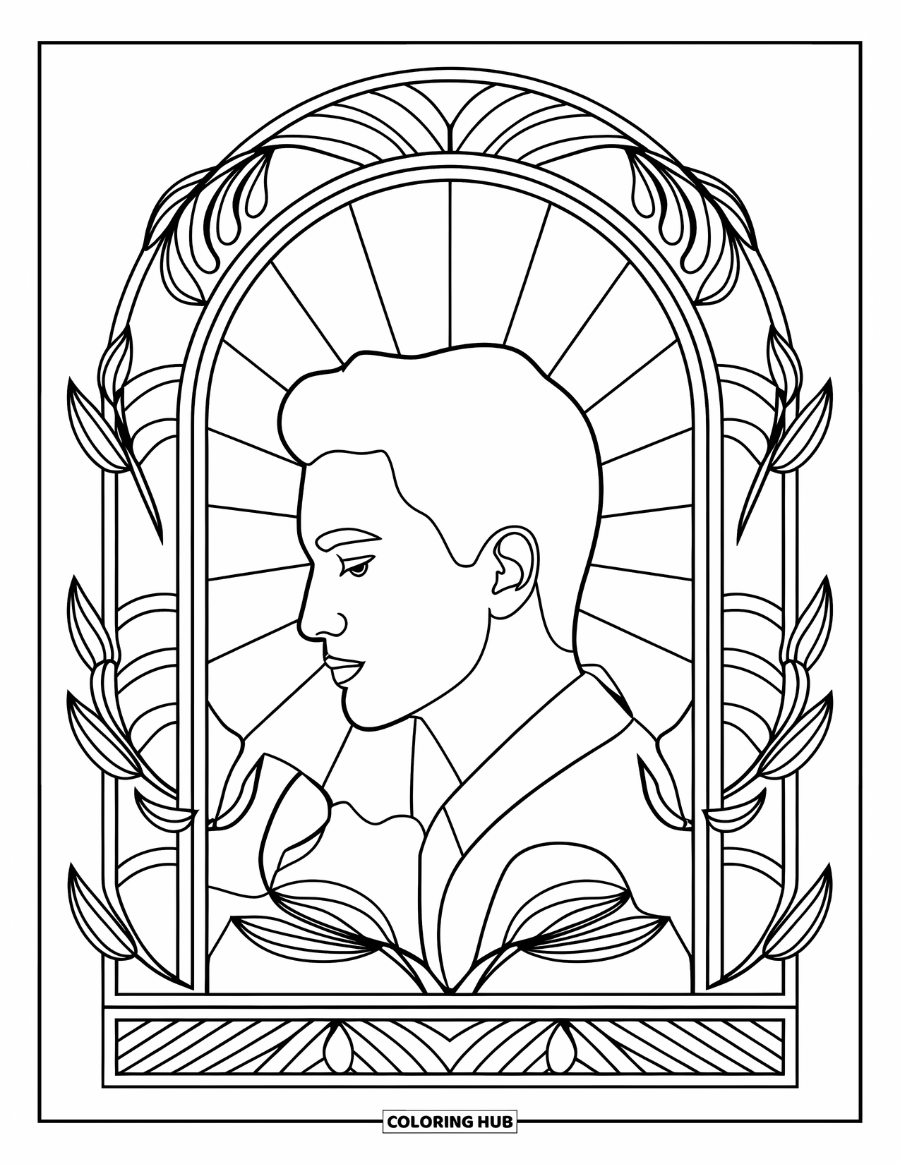 Boyfriend Coloring Page for Adults: Leaves and stained glass spiral around his peaceful side profile
