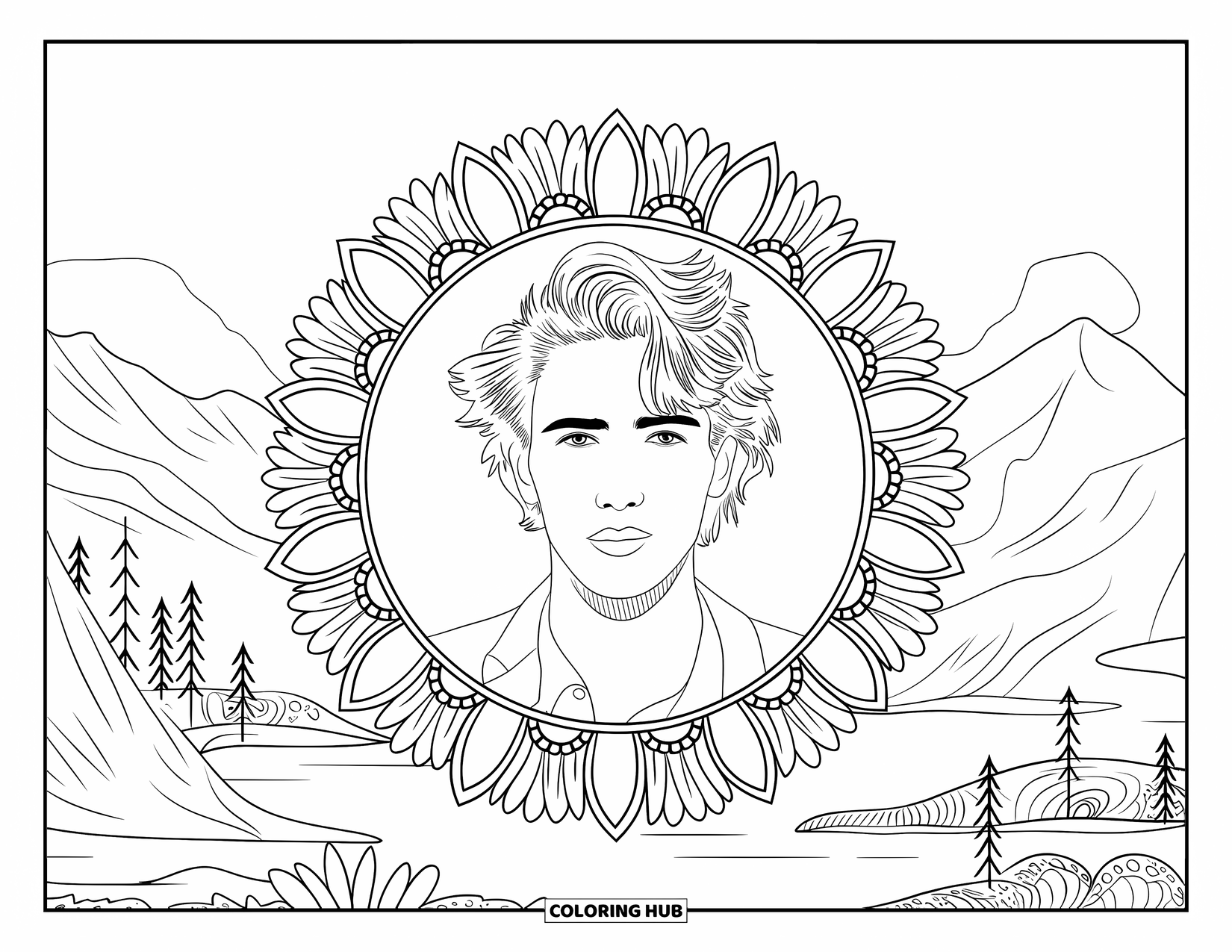Boyfriend Coloring Page for Adults: Wavy-haired boyfriend stands in a scenic sunflower mandala landscape
