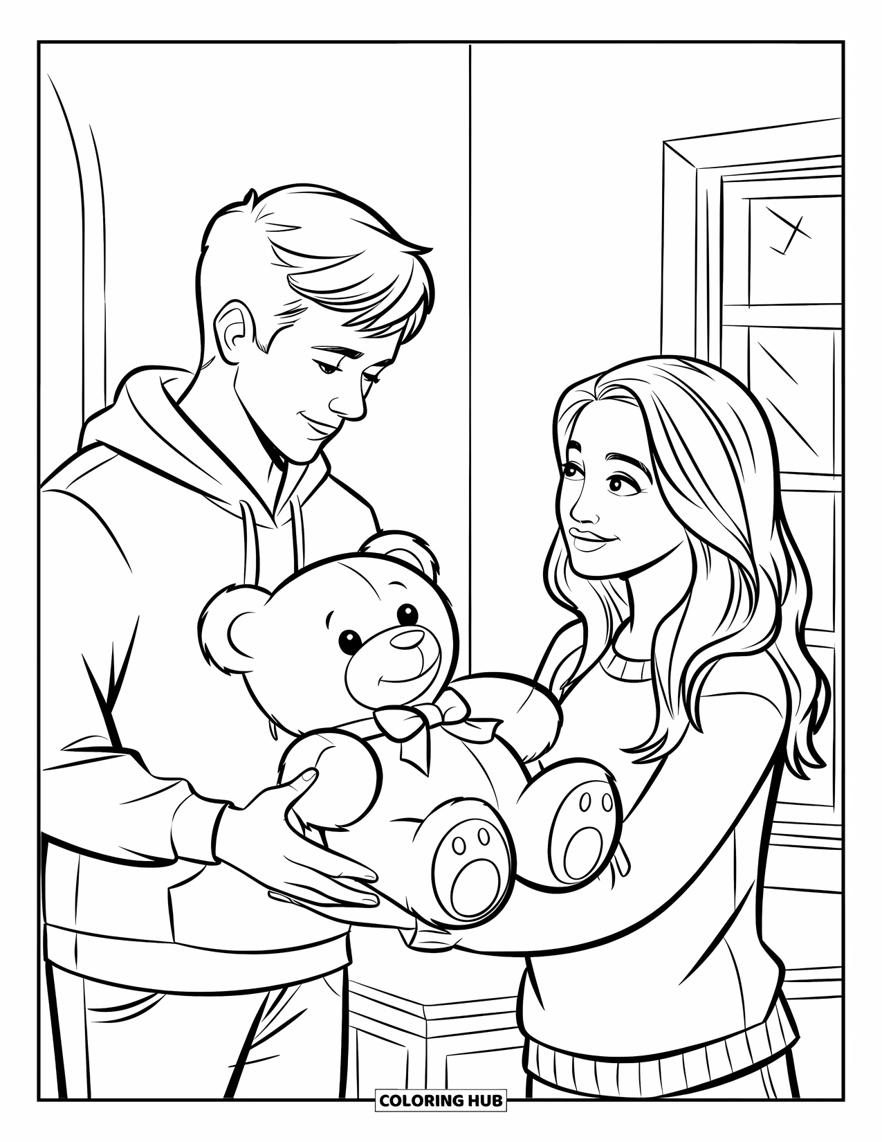 Boyfriend Coloring Page for Kids: A boy offers a big teddy bear with love in his eyes