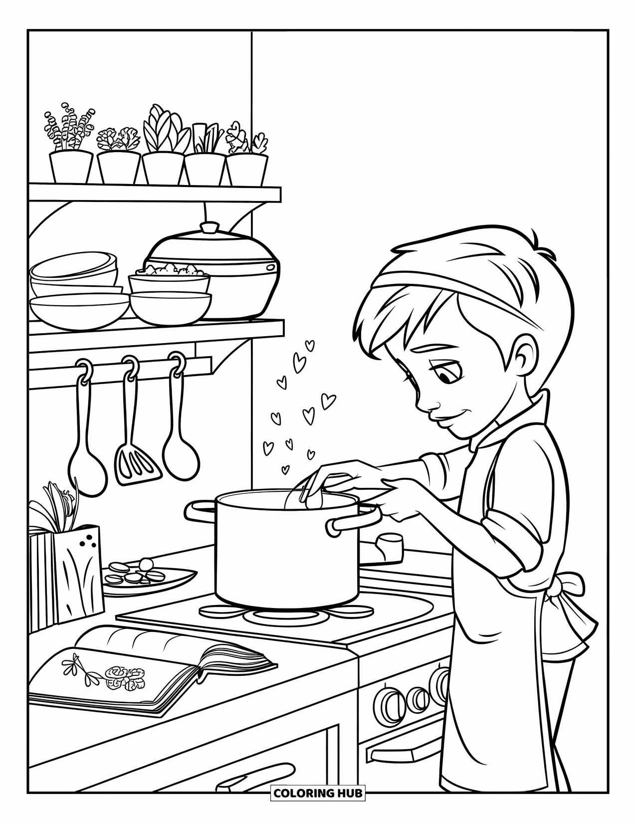 Boyfriend Coloring Page for Kids: A boy stirs a cozy meal in a tiny kitchen full of warmth