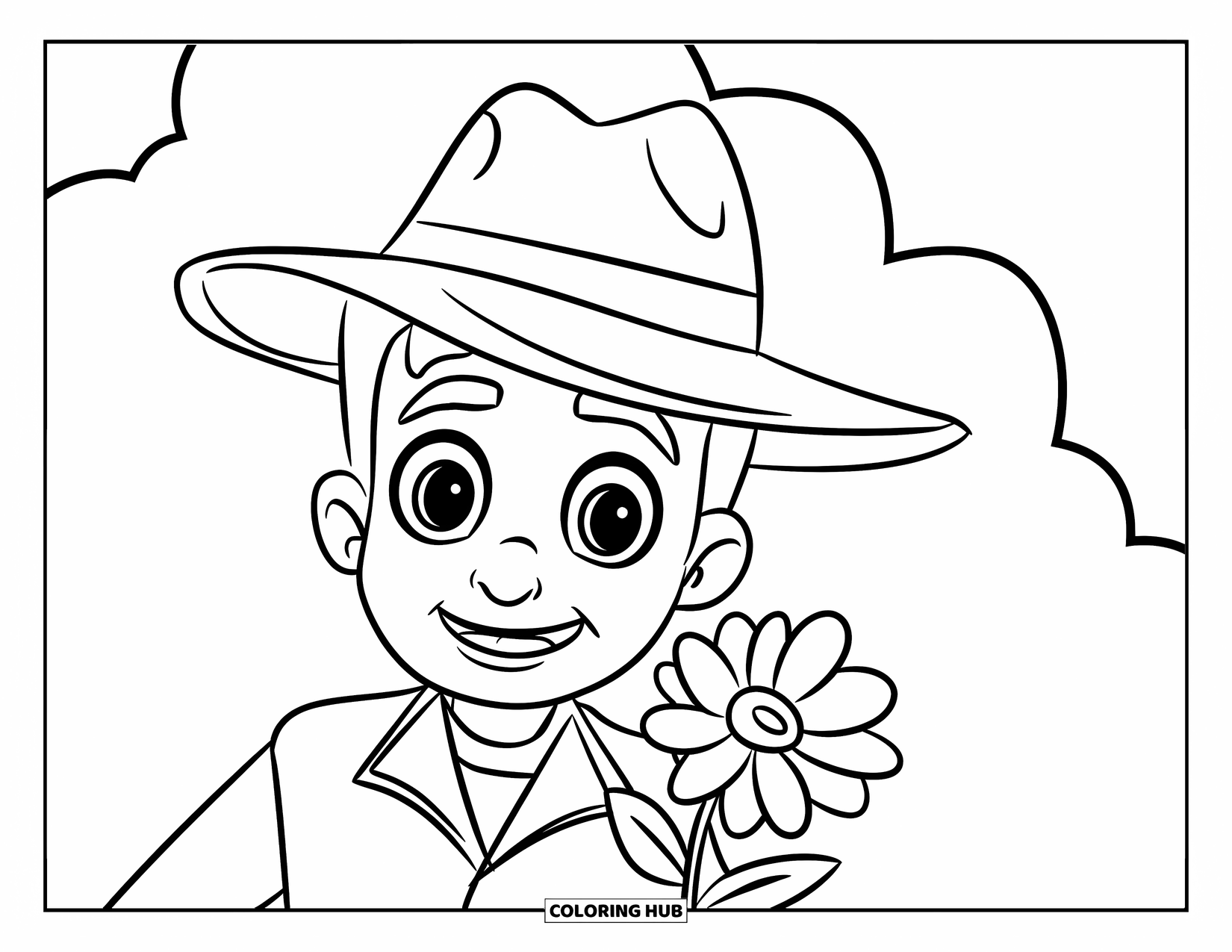 Boyfriend Coloring Page for Kids: A joyful boy in a hat holds a flower in a grassy field