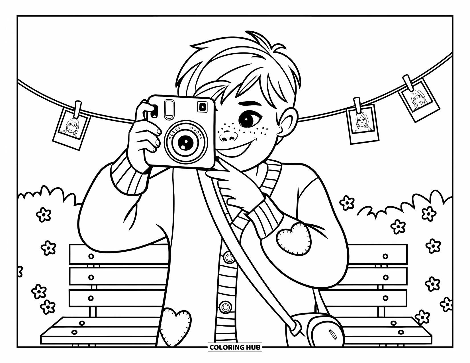 Boyfriend Coloring Page for Kids: A smiling boy takes a photo, surrounded by hanging fairy lights