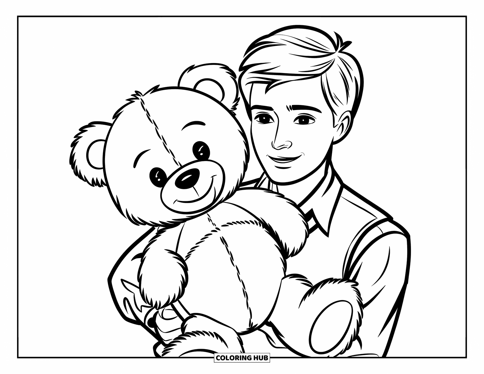 Boyfriend Coloring Page for Kids: A sweet boy sits holding a teddy bear with a warm grin