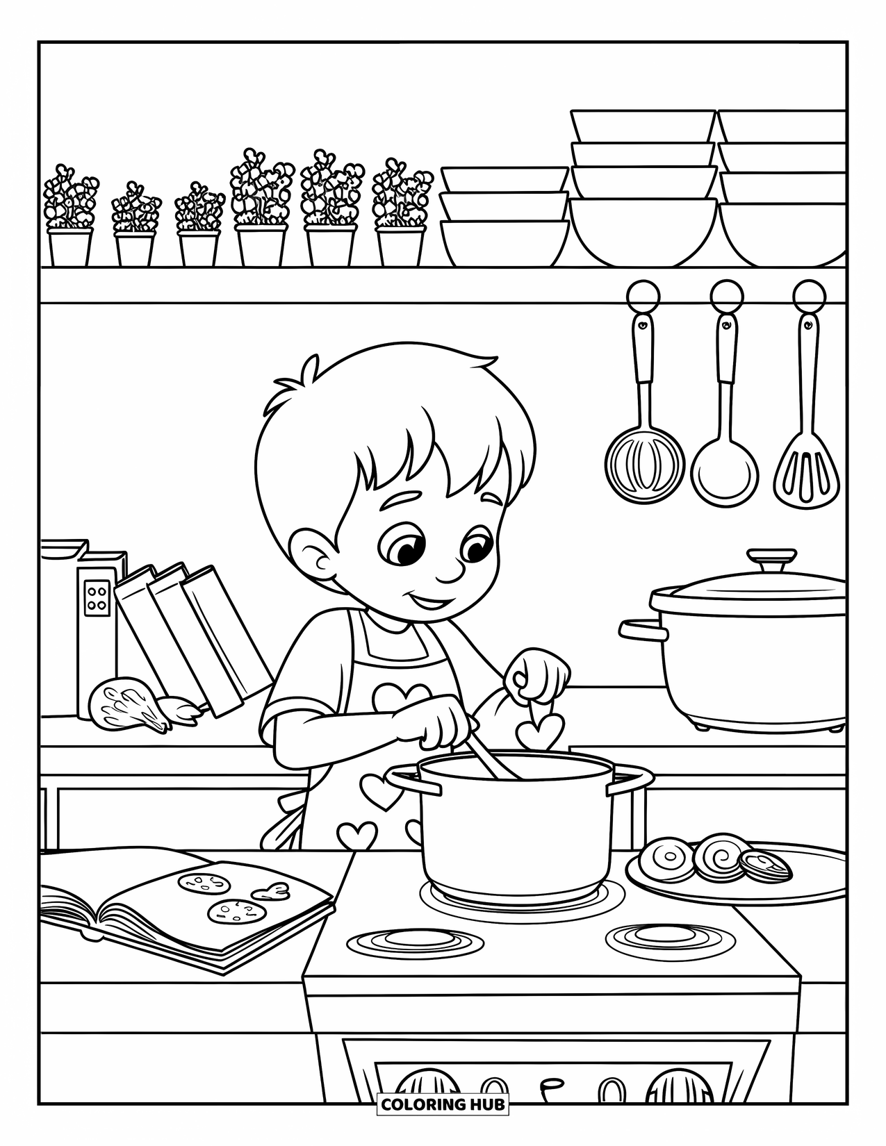 Boyfriend Coloring Page for Kids: An apron-wearing boy makes dinner surrounded by cozy kitchen details