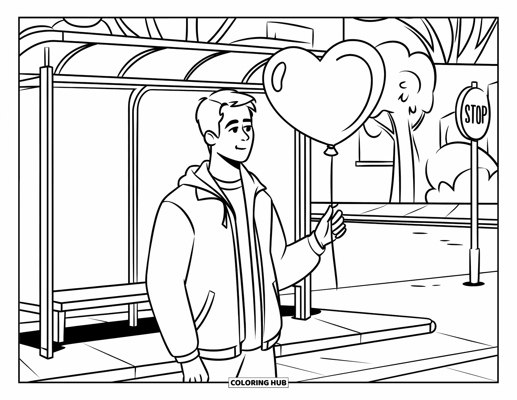 Boyfriend Coloring Page for Kids: At the bus stop, a boy holds a heart balloon with quiet hope