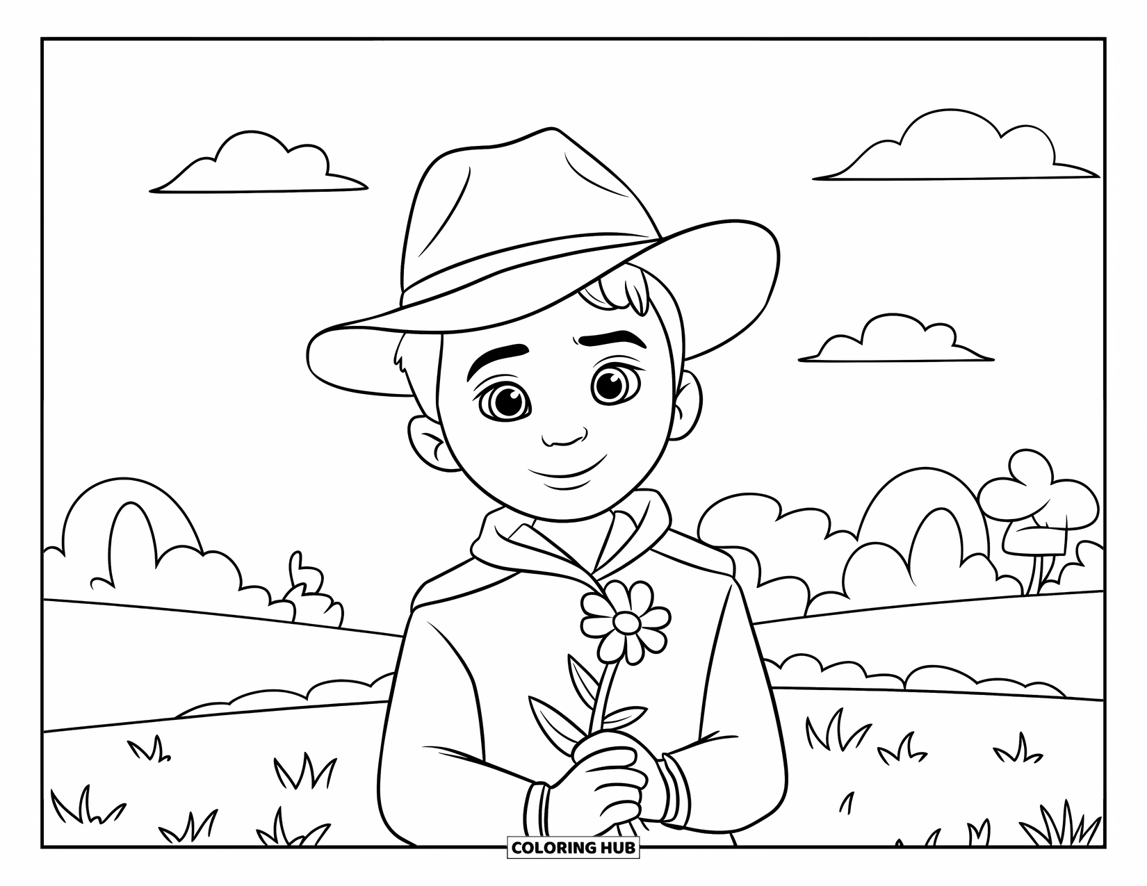 Boyfriend Coloring Page for Kids: He beams with a flower in hand under puffy clouds