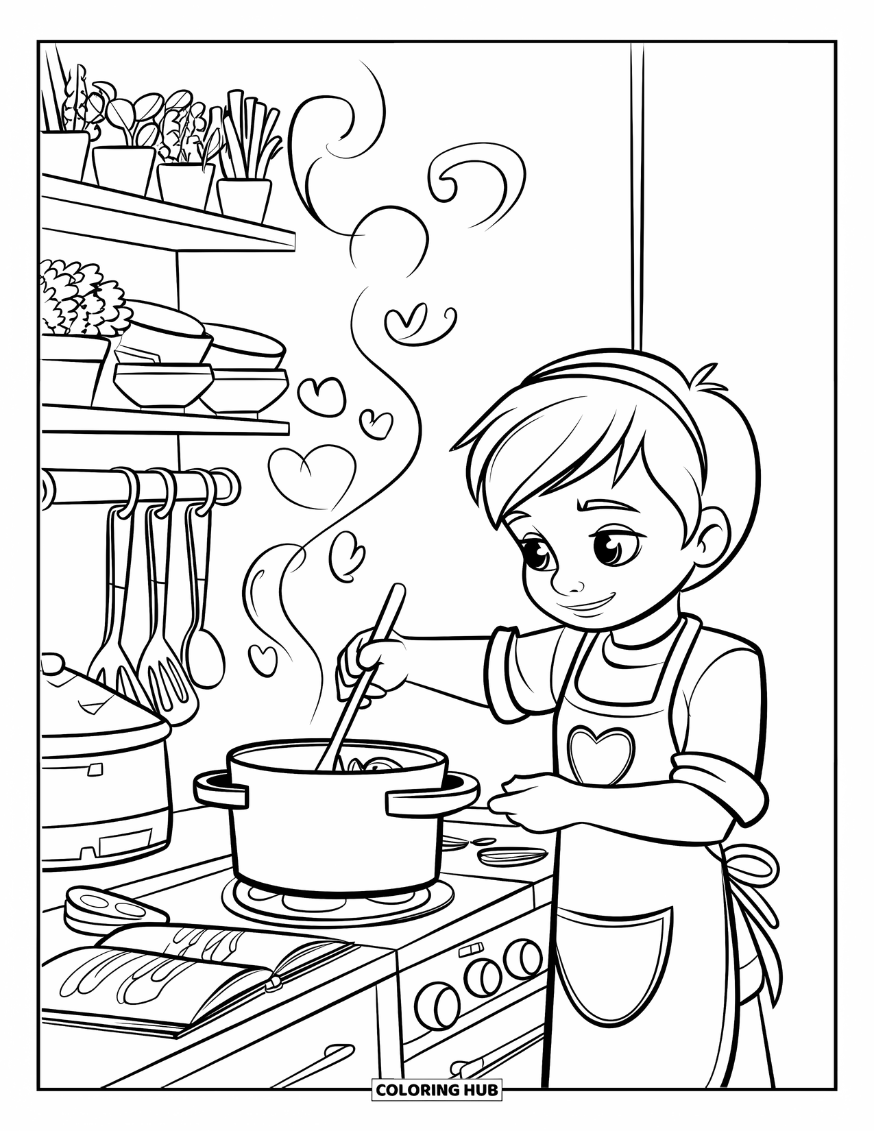 Boyfriend Coloring Page for Kids: He cooks with heart-shaped steam rising from his pot in a comfy kitchen