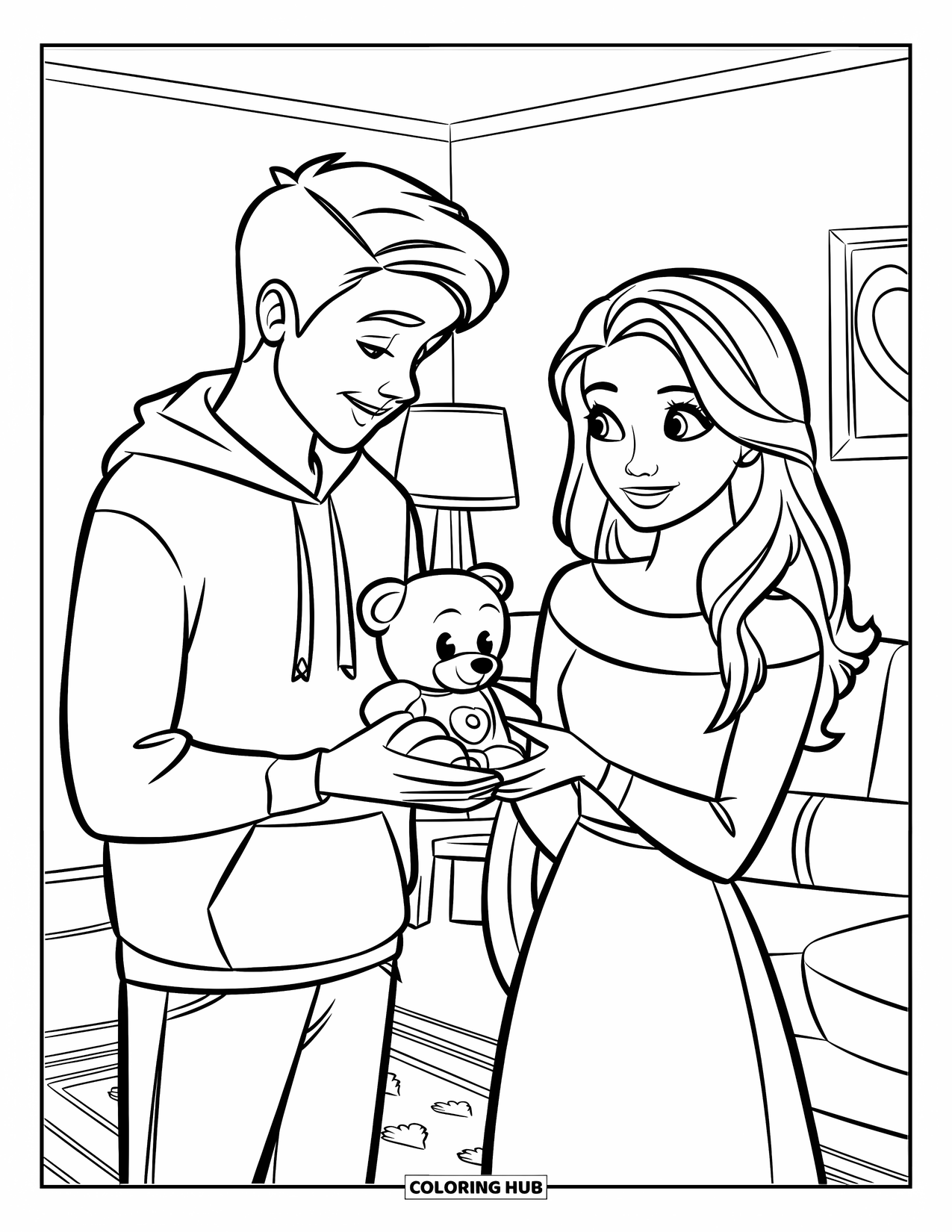 Boyfriend Coloring Page for Kids: He hands a teddy bear to his girlfriend in a warm, cozy room