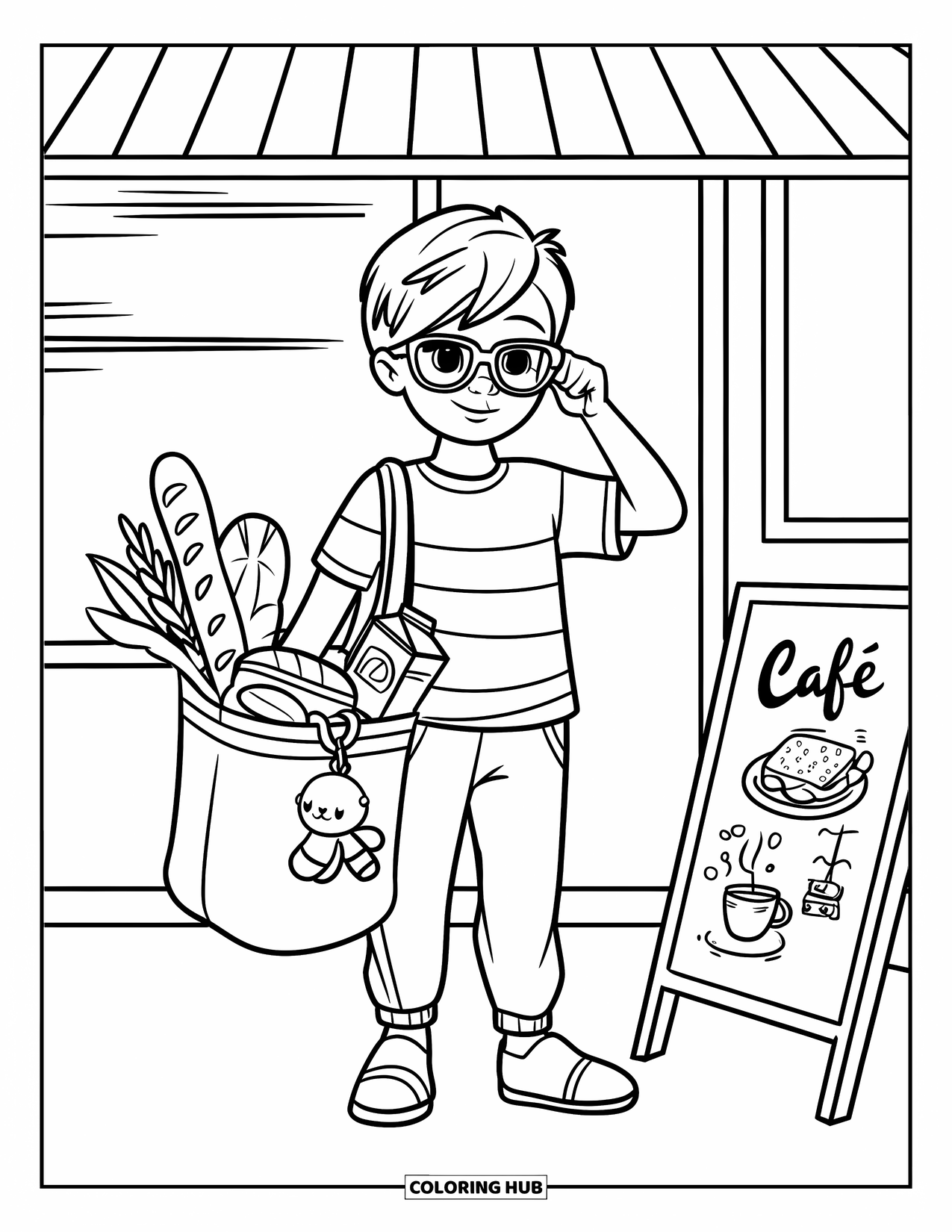 Boyfriend Coloring Page for Kids: He pauses outside a shop, lifting his glasses and holding groceries