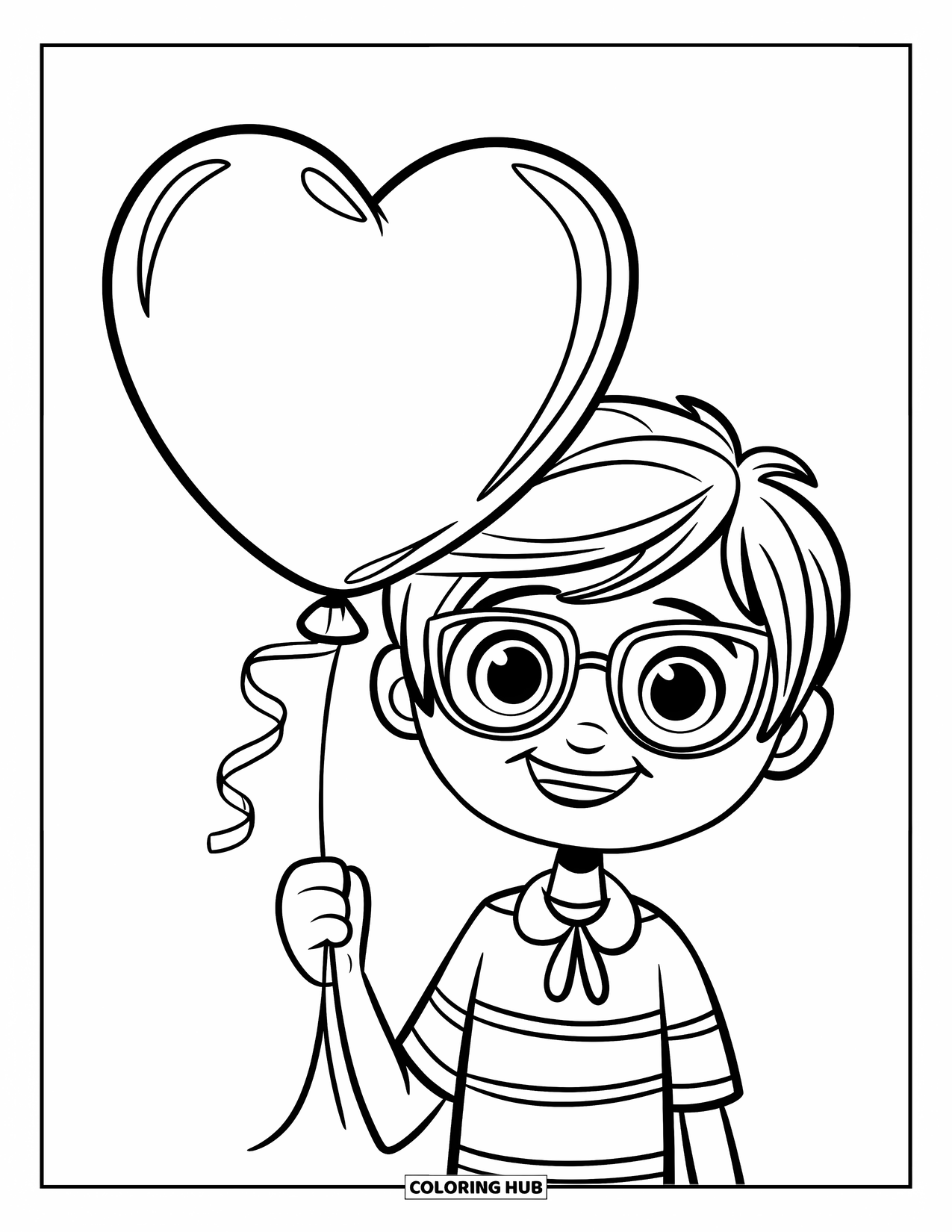 Boyfriend Coloring Page for Kids: He smiles behind glasses, holding a balloon tied with ribbon