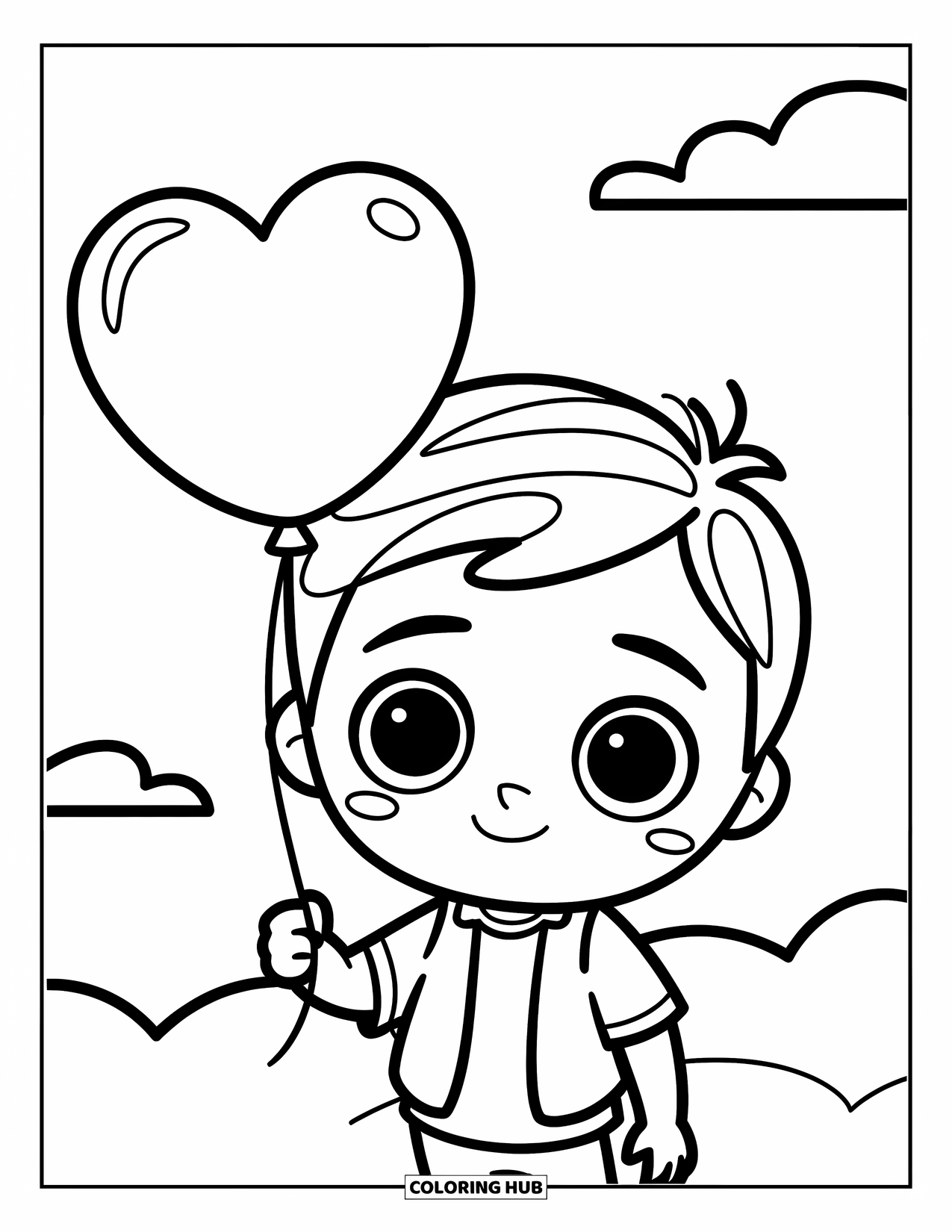 Boyfriend Coloring Page for Kids: He smiles big with a heart balloon floating in the sky