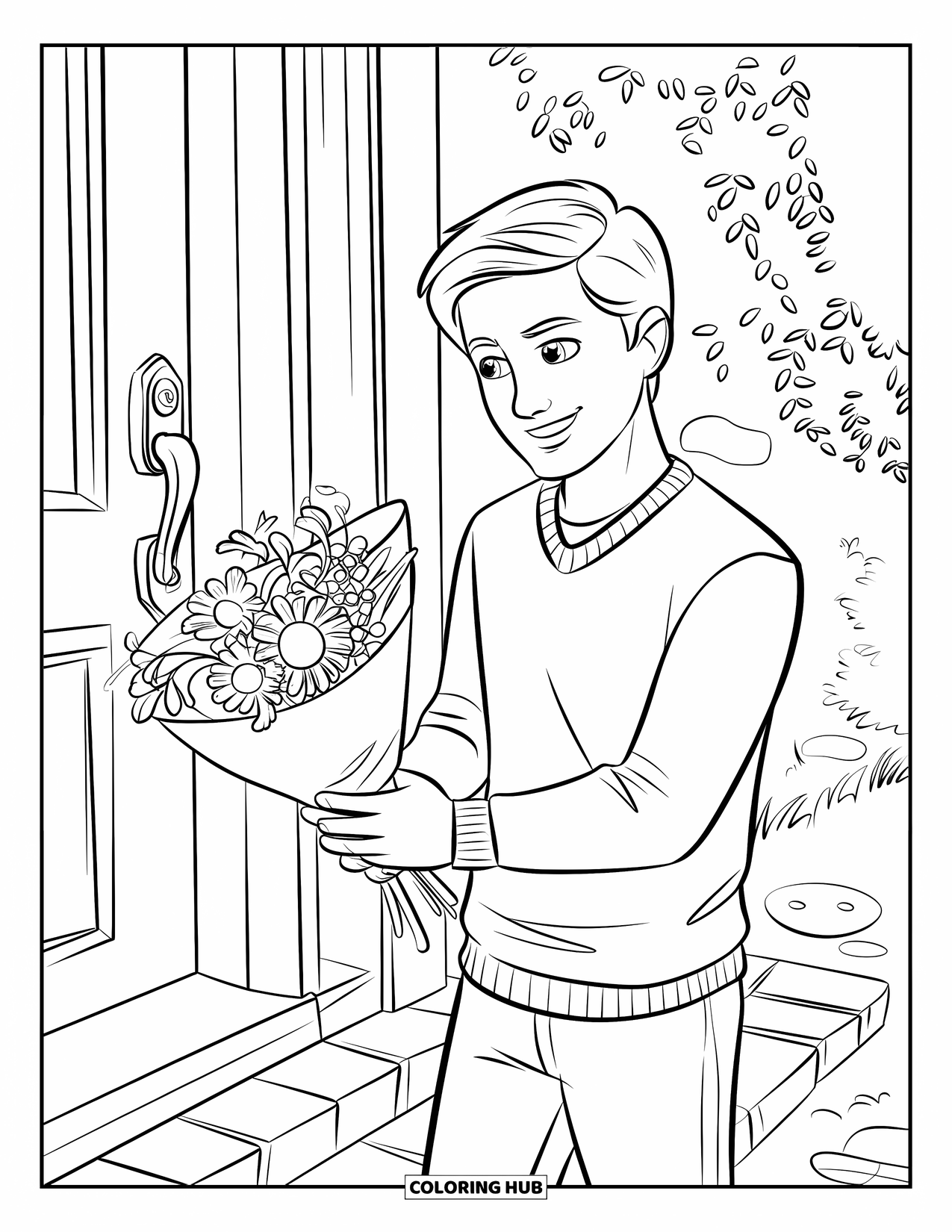 Boyfriend Coloring Page for Kids: He smiles with flowers on a brick path lined with plants