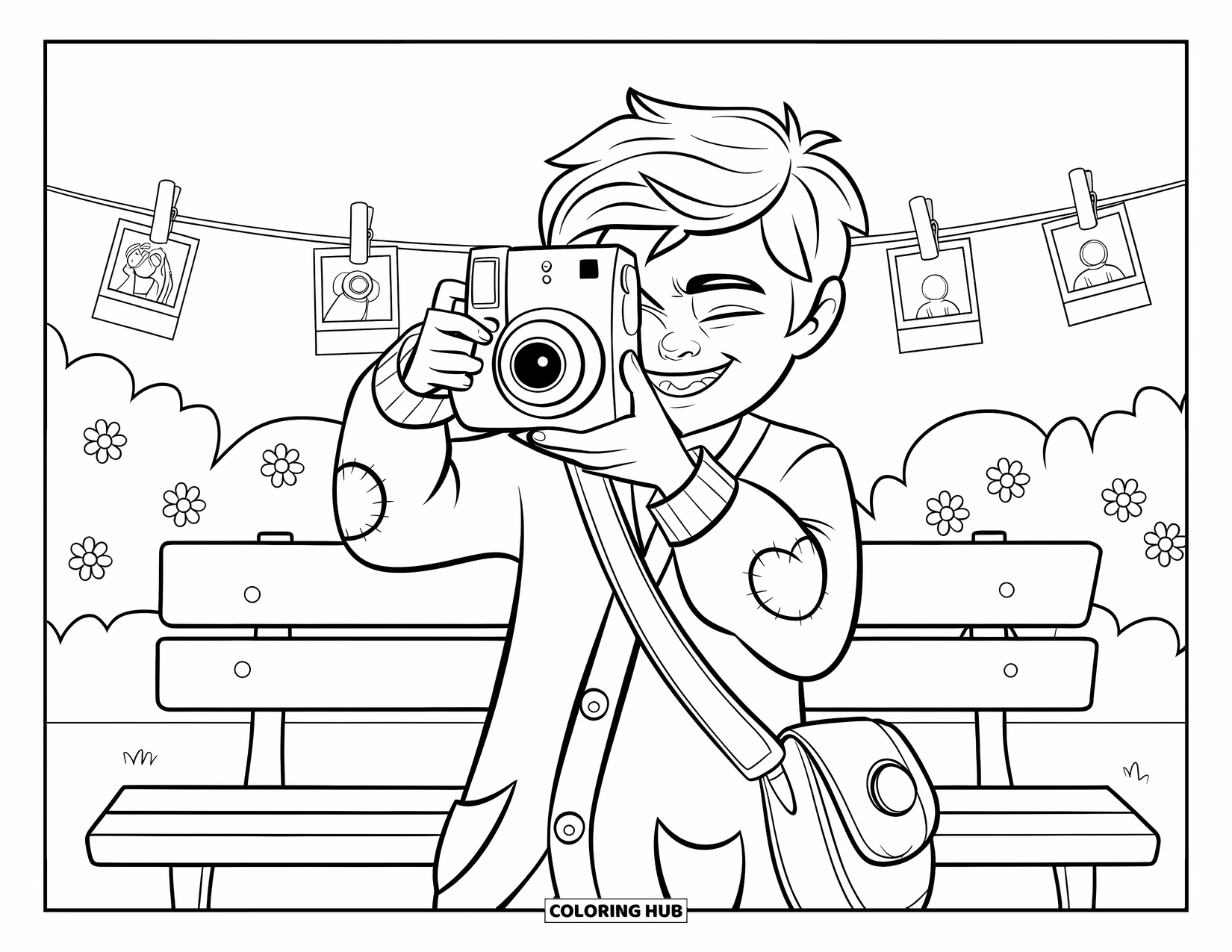 Boyfriend Coloring Page for Kids: He squints playfully while clicking his camera in the park