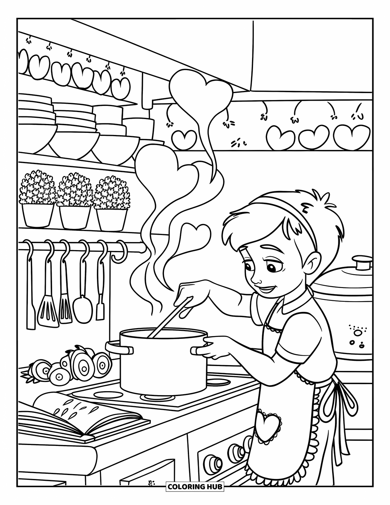 Boyfriend Coloring Page for Kids: He stirs a pot as herbs, bowls, and steam fill the small kitchen
