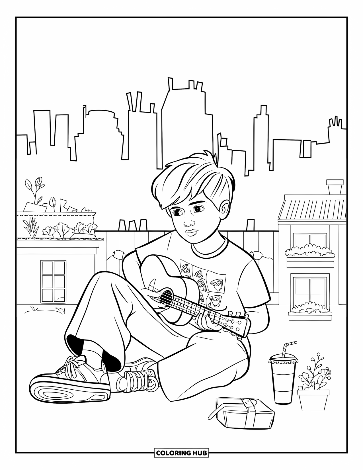 Boyfriend Coloring Page for Kids: He strums his guitar beside plants and snacks on a cozy rooftop