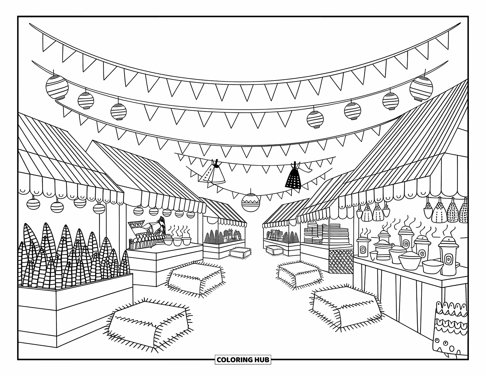 Brazil Coloring Page for Adults: A bustling festival square with booths, corn, sweets, and glowing lights
