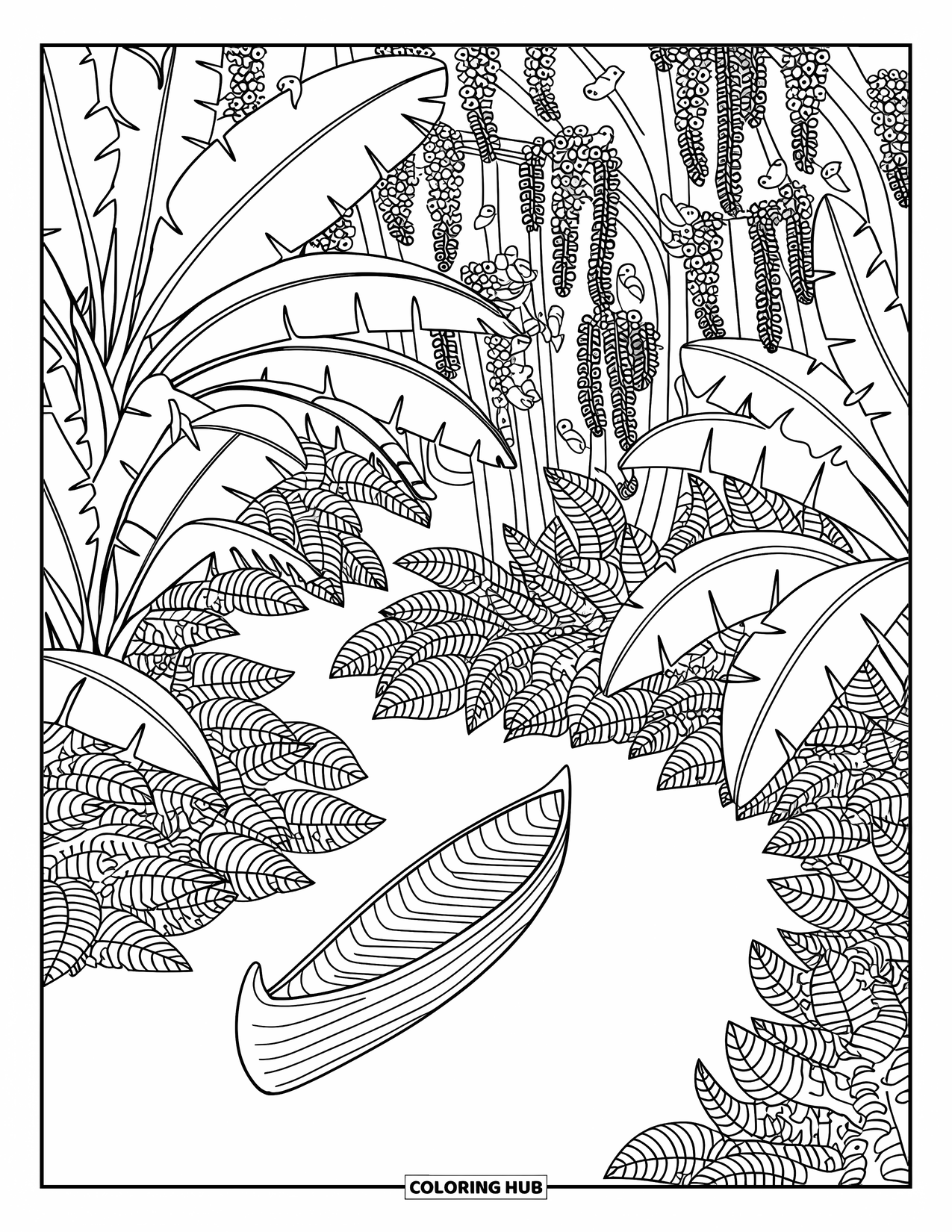 Brazil Coloring Page for Adults: A canoe glides down a winding river lined with tall ferns