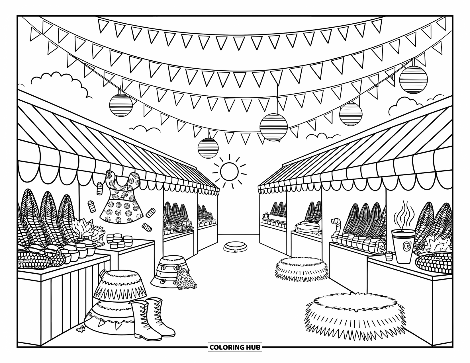 Brazil Coloring Page for Adults: A country fair scene with hay bales, lanterns, and joyful details