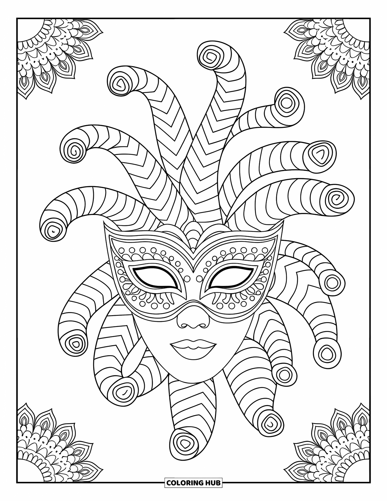 Brazil Coloring Page for Adults: A detailed carnival mask surrounded by ornate swirling designs