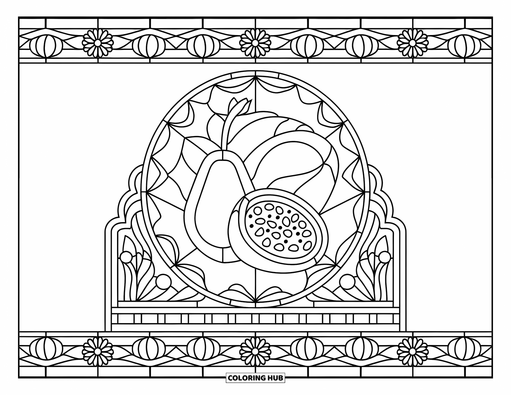 Brazil Coloring Page for Adults: A fruit mosaic of papaya, mango, and açaí surrounded by flowers and shapes