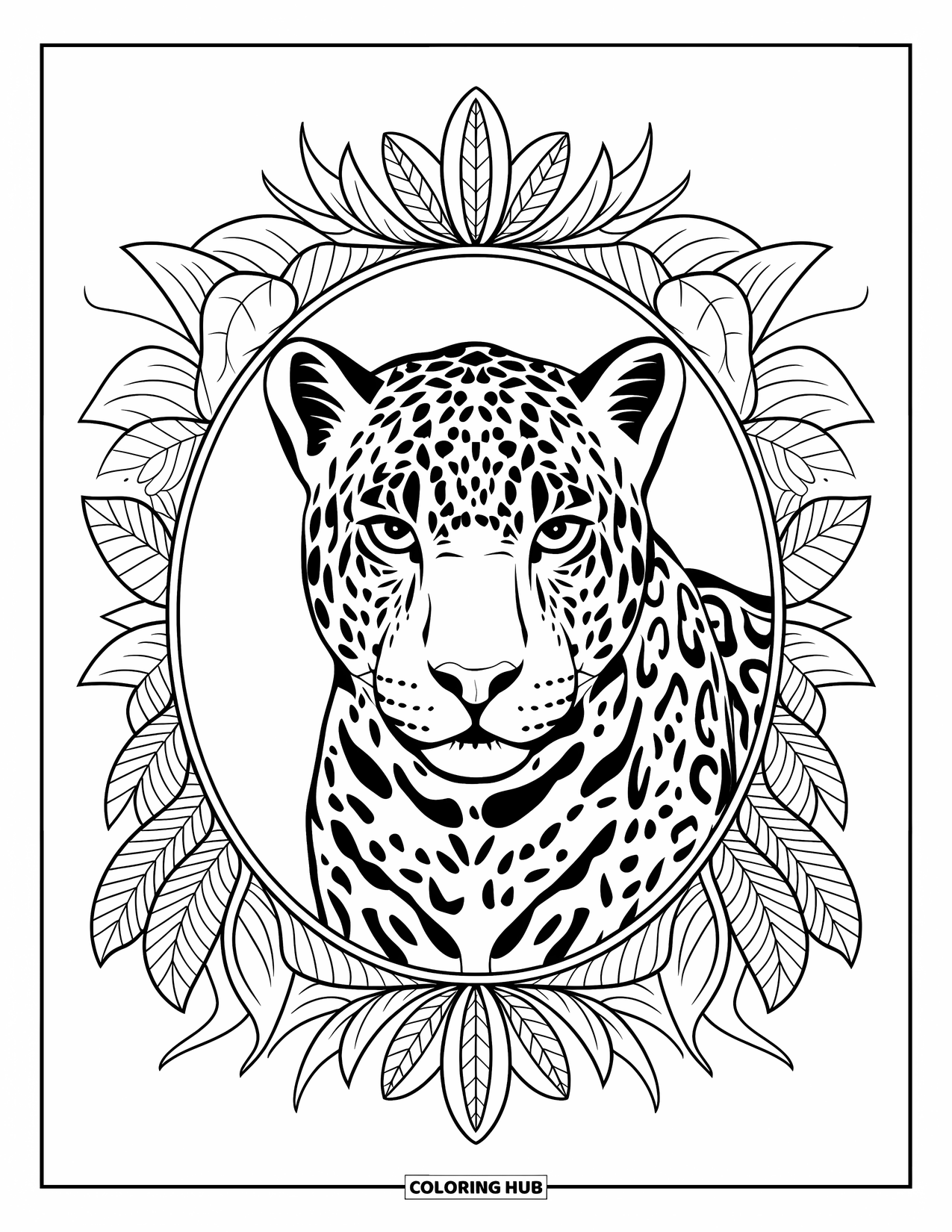Brazil Coloring Page for Adults: A jaguar portrait framed by Amazonian leaves and flowers
