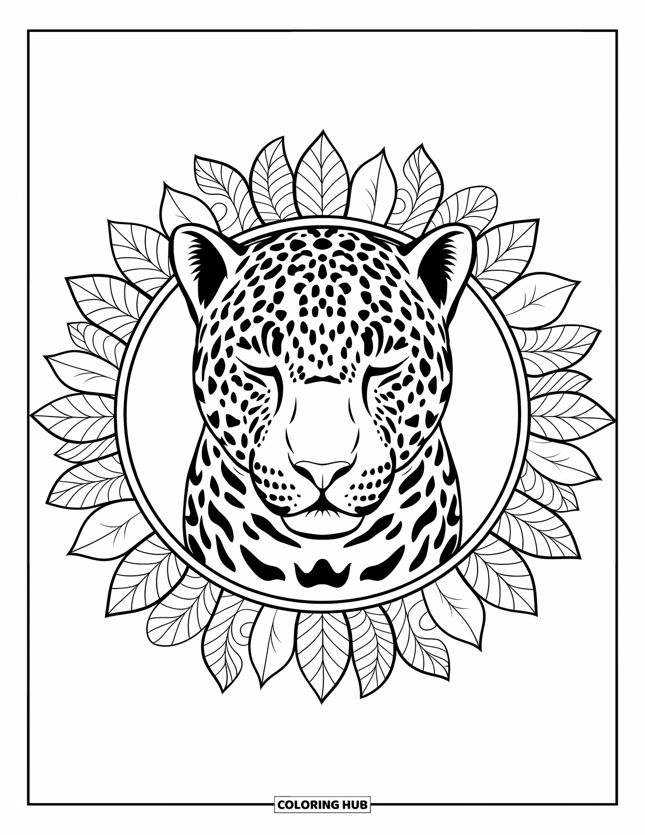 Brazil Coloring Page for Adults: A serene jaguar rests within a mandala of rainforest foliage