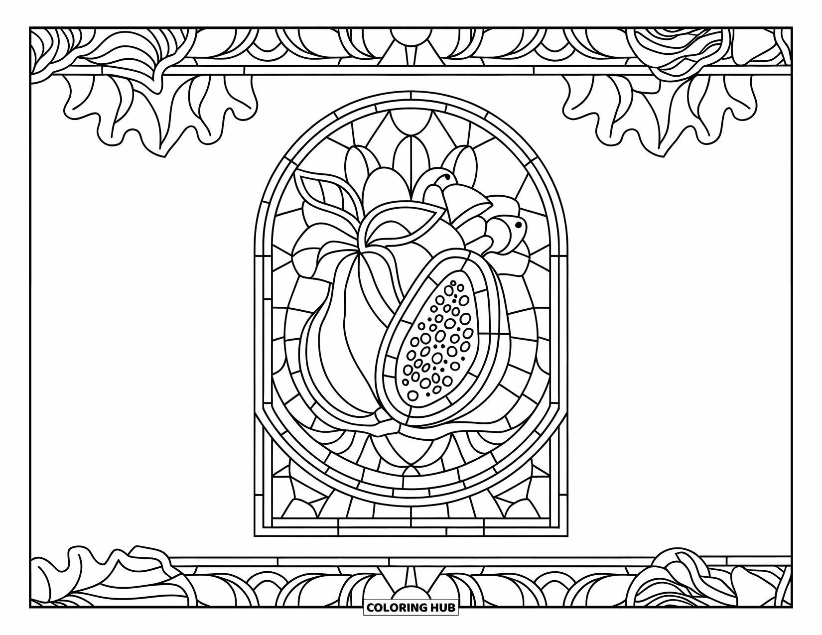 Brazil Coloring Page for Adults: A stained glass mosaic of papaya, mango, and açaí in tropical patterns