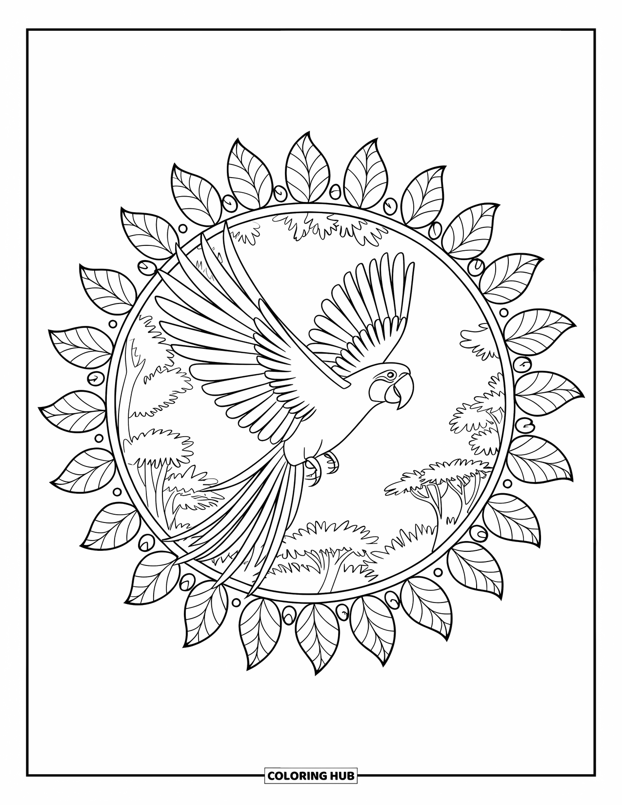 Brazil Coloring Page for Adults: A vibrant macaw glides above jungle leaves arranged in a circle