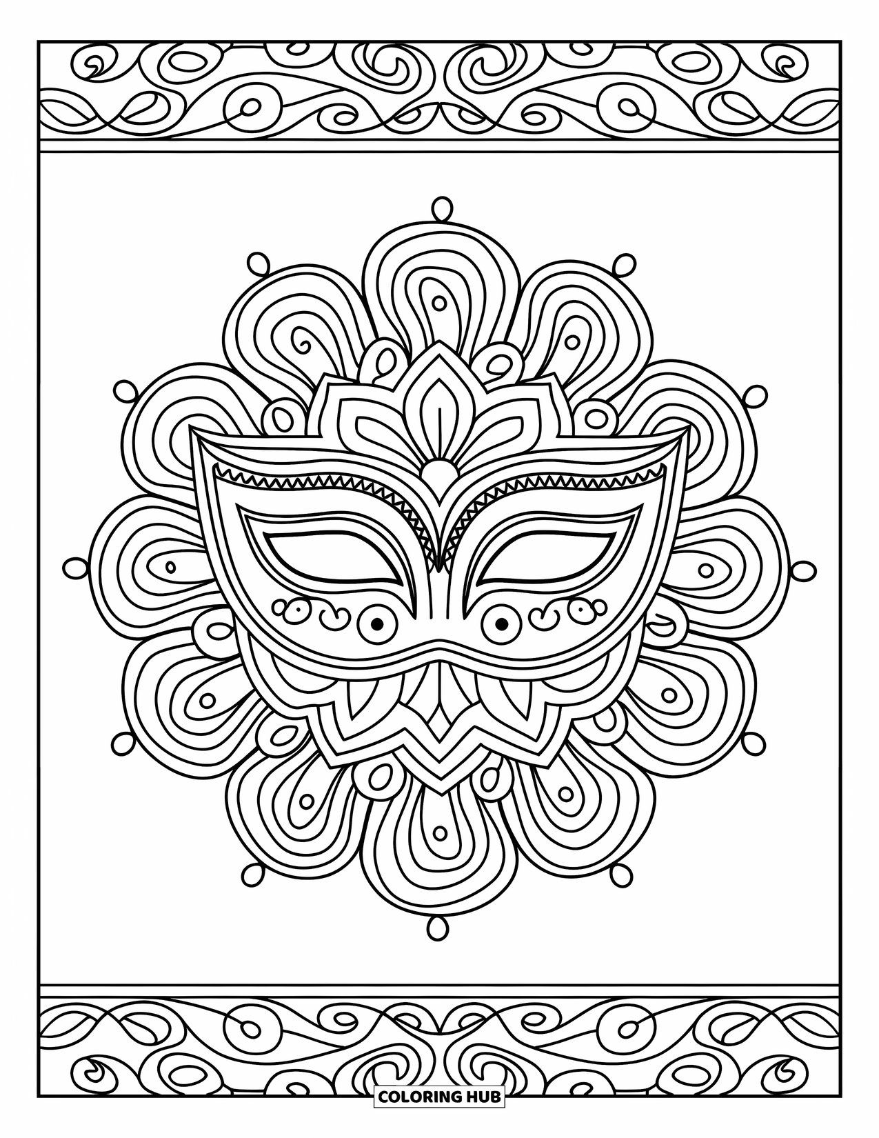 Brazil Coloring Page for Adults: An ornate carnival mask framed by decorative swirling shapes