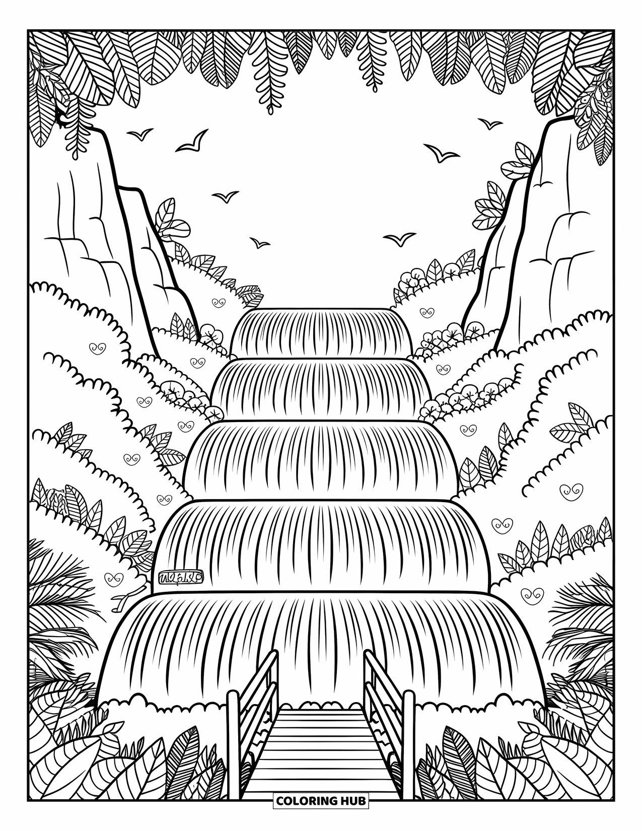 Brazil Coloring Page for Adults: Sparkling waterfalls flow between rocks and green foliage