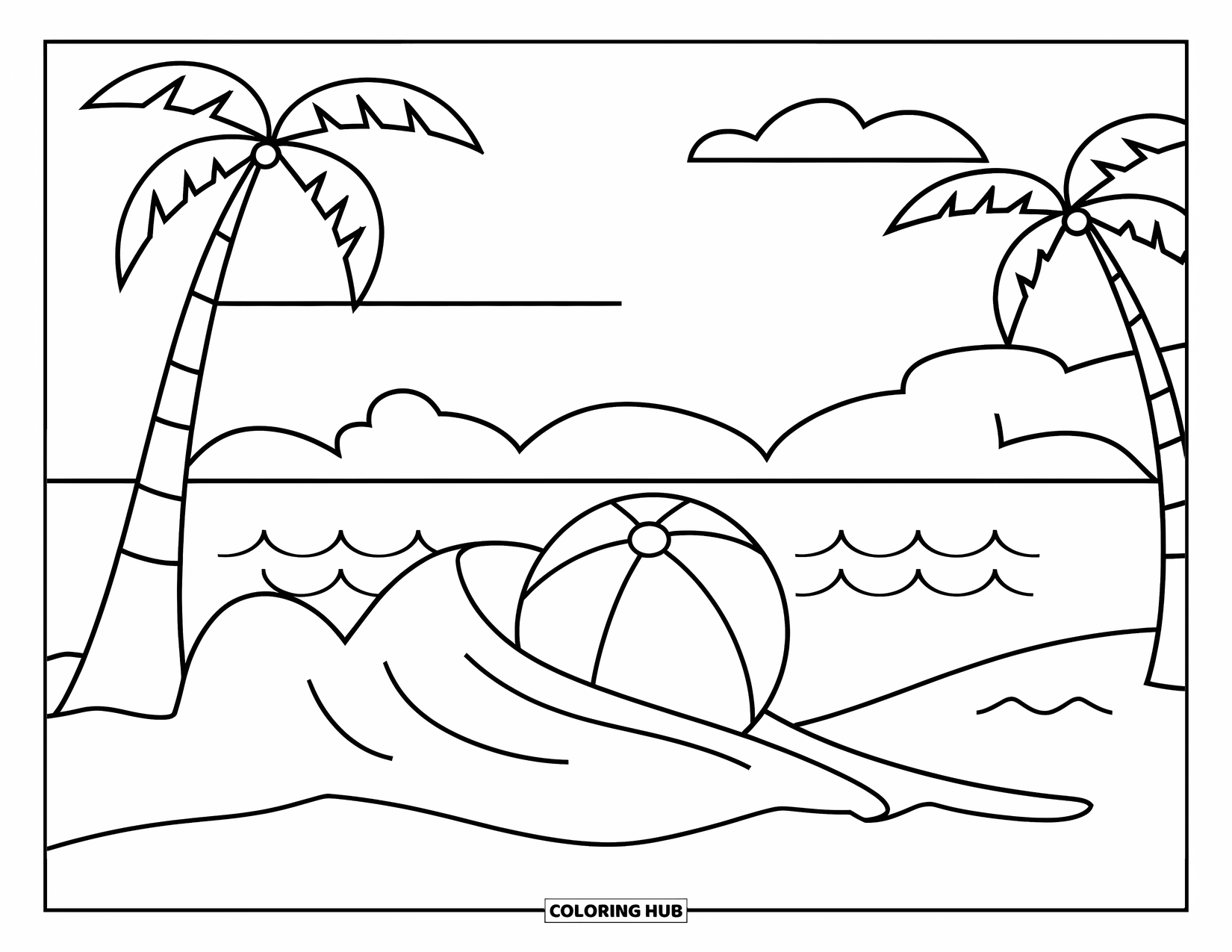 Brazil Coloring Page for Kids: A beach ball by the shore with palm trees in the distance