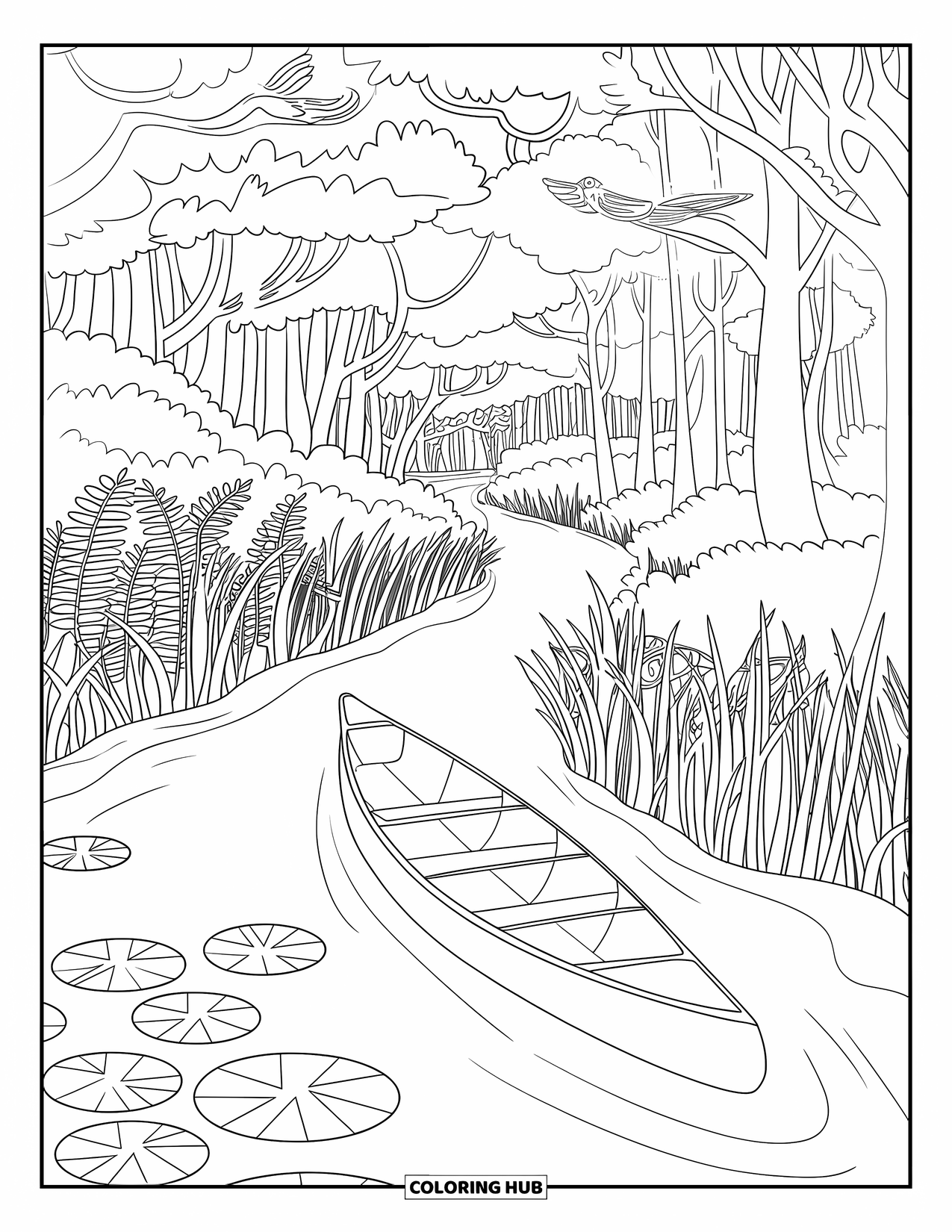 Brazil Coloring Page for Kids: A canoe glides along a rainforest river filled with life