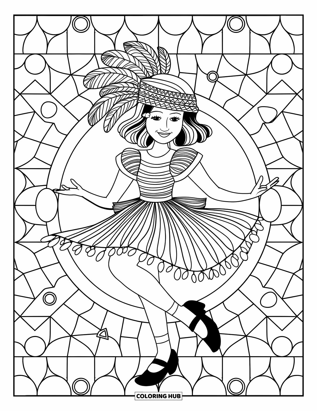 Brazil Coloring Page for Kids: A carnival dancer twirls with feathers and a joyful smile