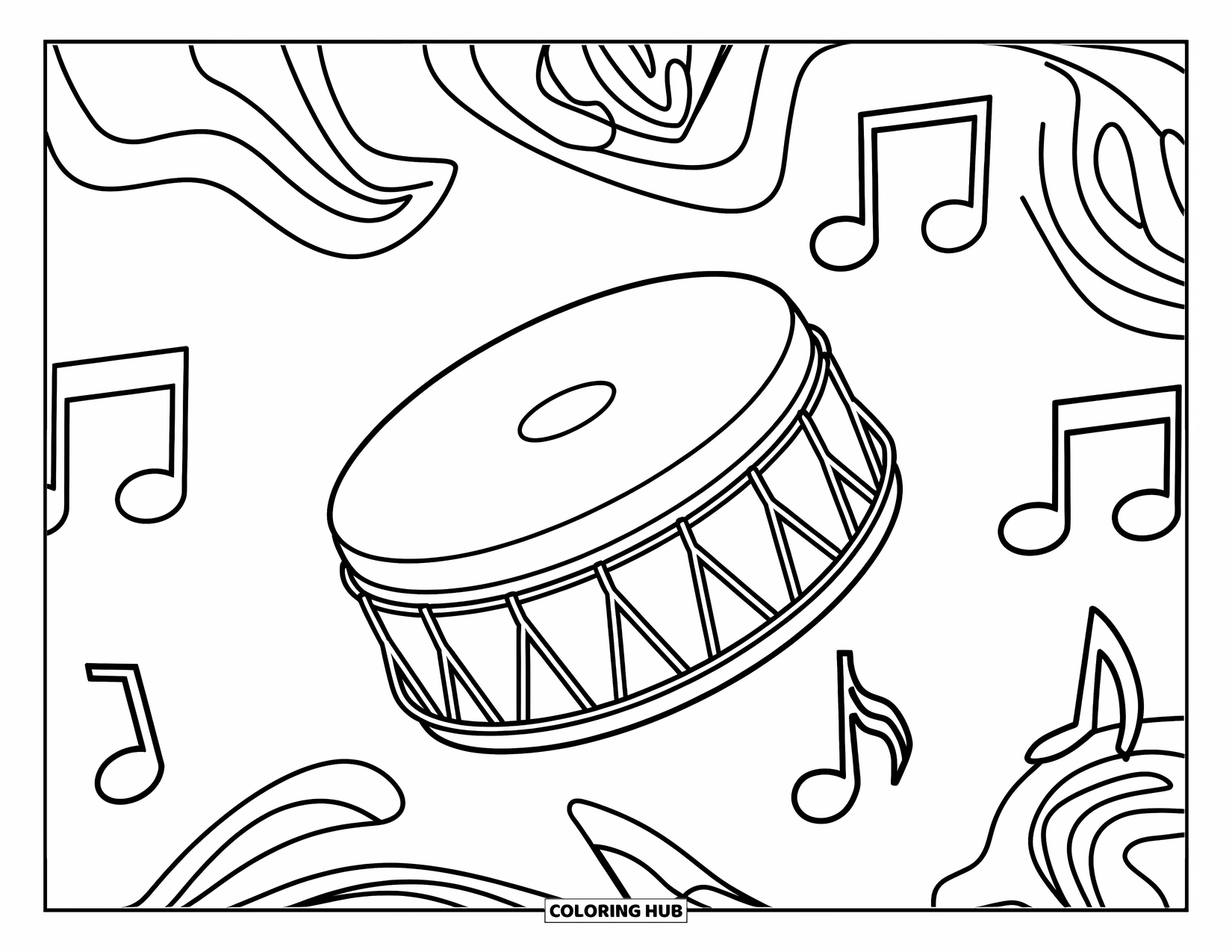 Brazil Coloring Page for Kids: A central drum with musical notes circling in song