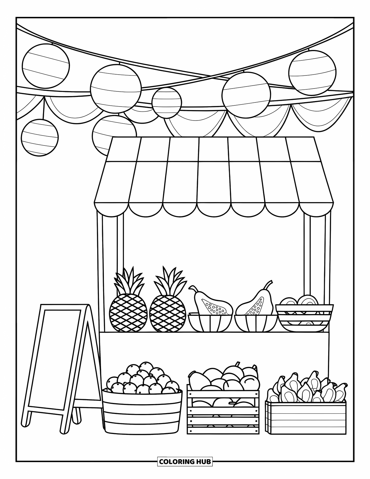 Brazil Coloring Page for Kids: A cheerful market stall with baskets of bright tropical fruits
