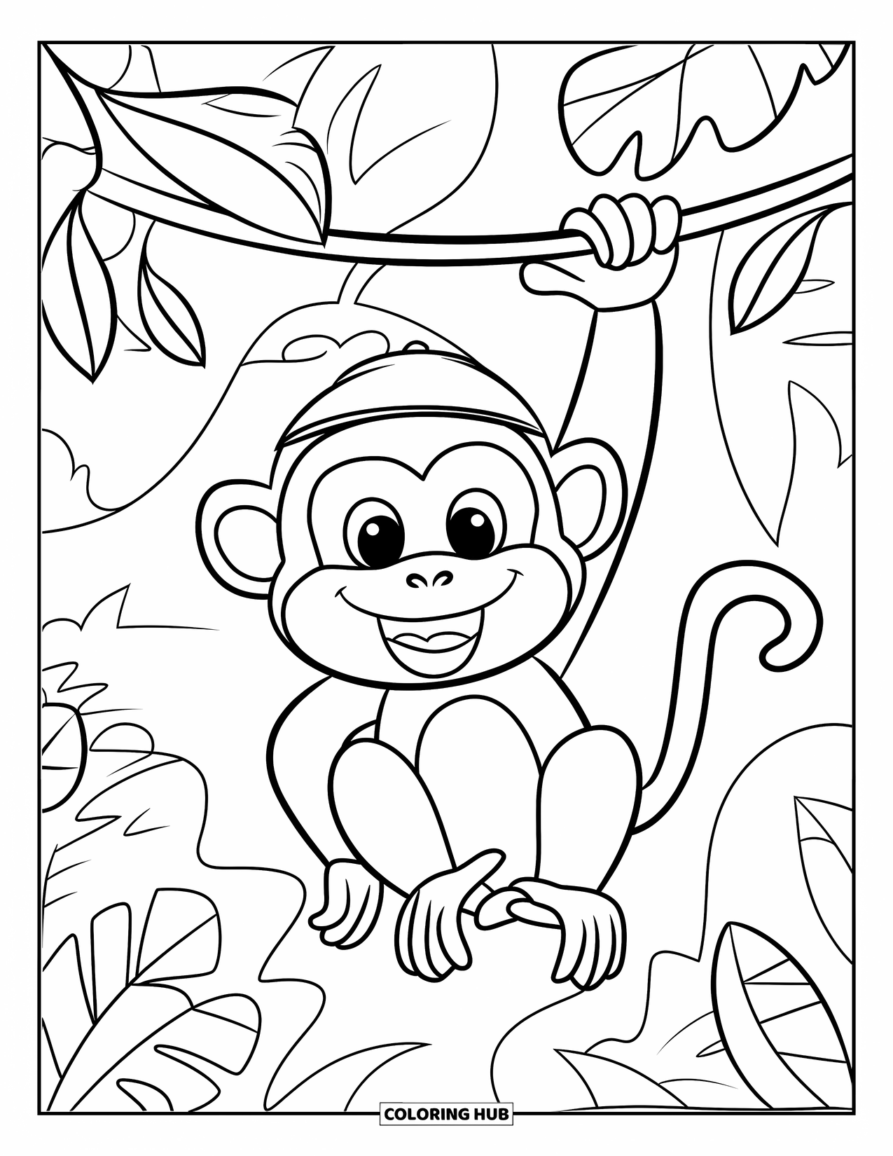 Brazil Coloring Page for Kids: A cheerful monkey grins while hanging from a leafy vine