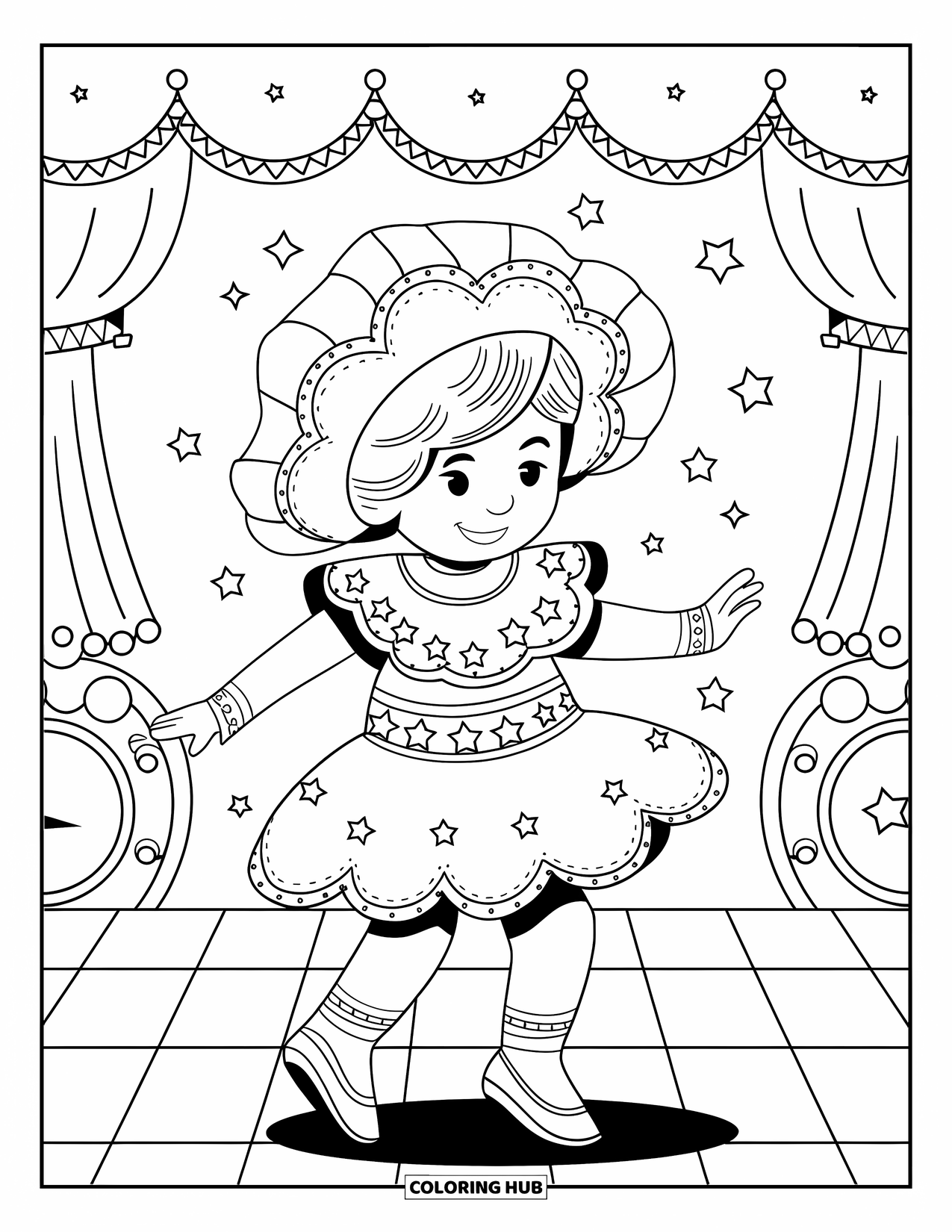 Brazil Coloring Page for Kids: A child dances in a starry Carnival costume