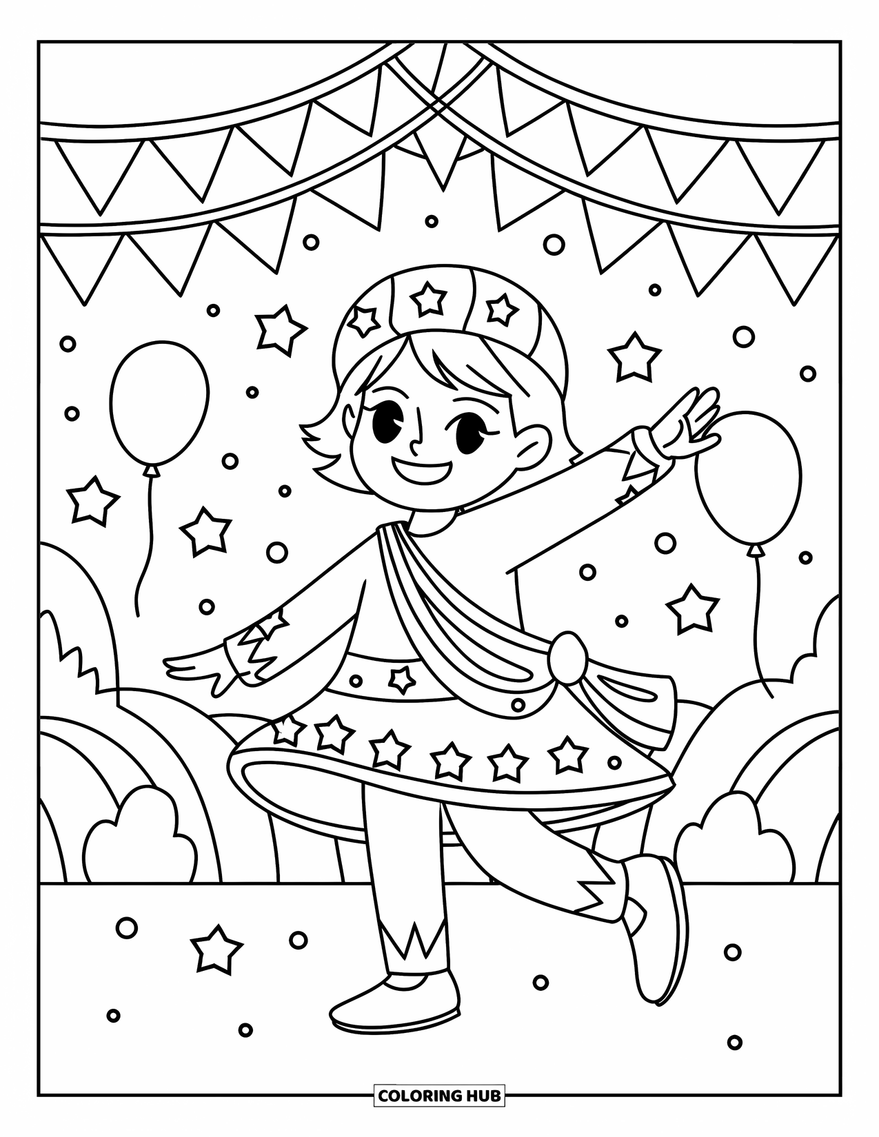 Brazil Coloring Page for Kids: A child twirls in a bright, star-covered costume