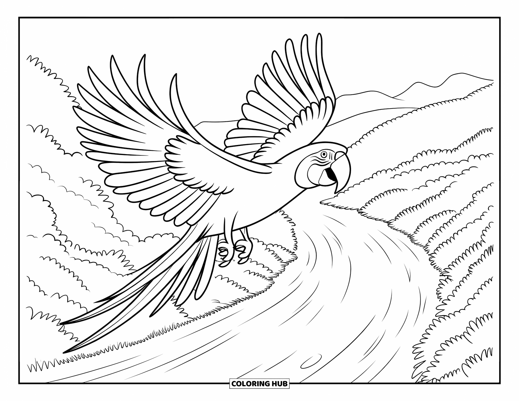 Brazil Coloring Page for Kids: A colorful macaw flies over trees along the Amazon