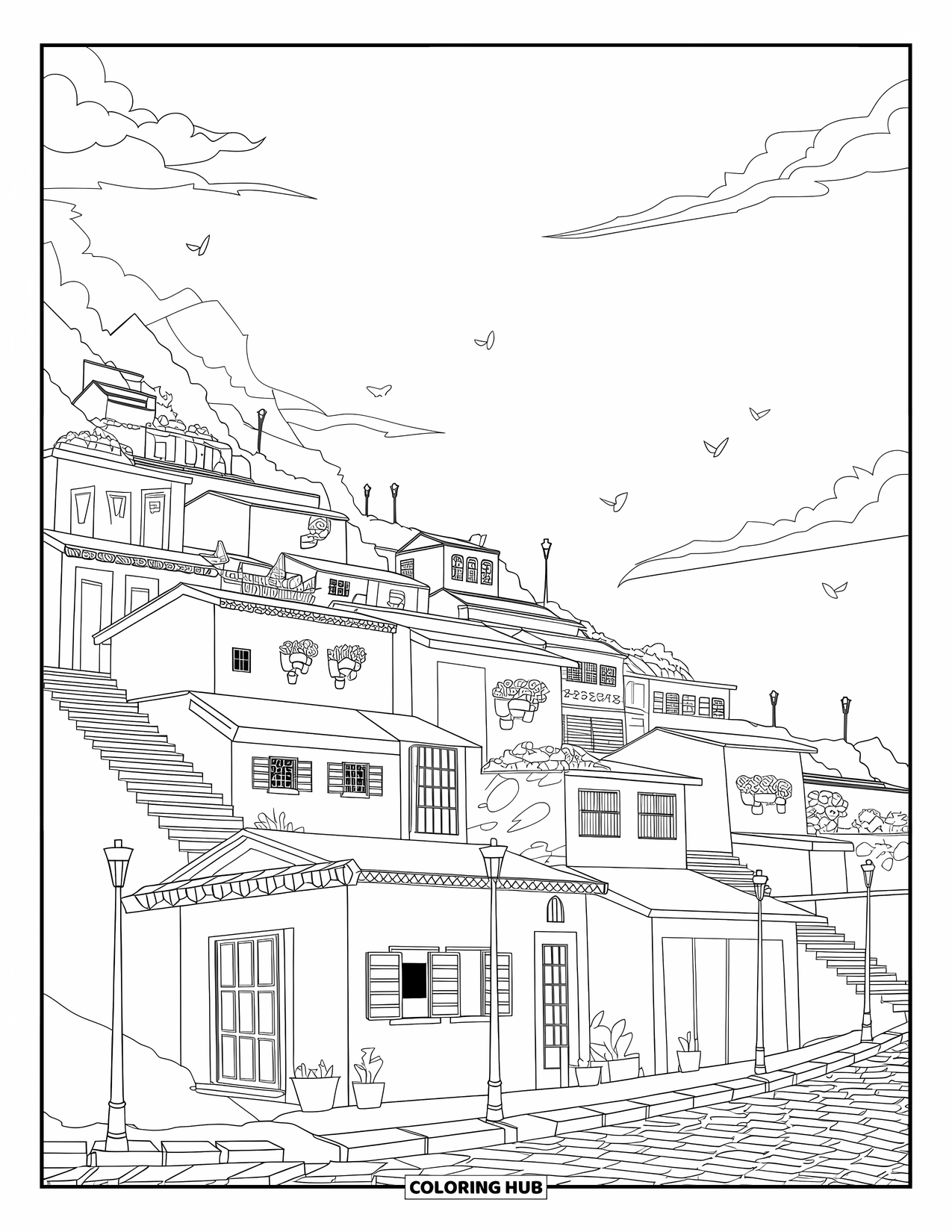 Brazil Coloring Page for Kids: A cozy favela scene with birds, lamps, and winding paths