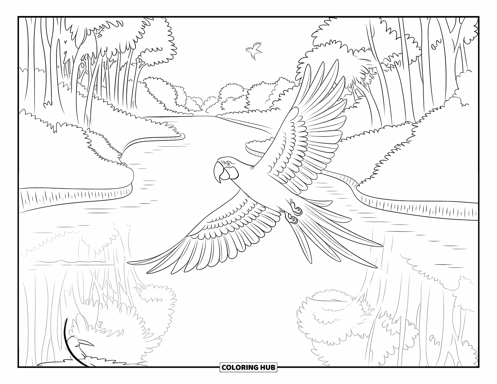 Brazil Coloring Page for Kids: A flying macaw glides over rainforest rivers and trees