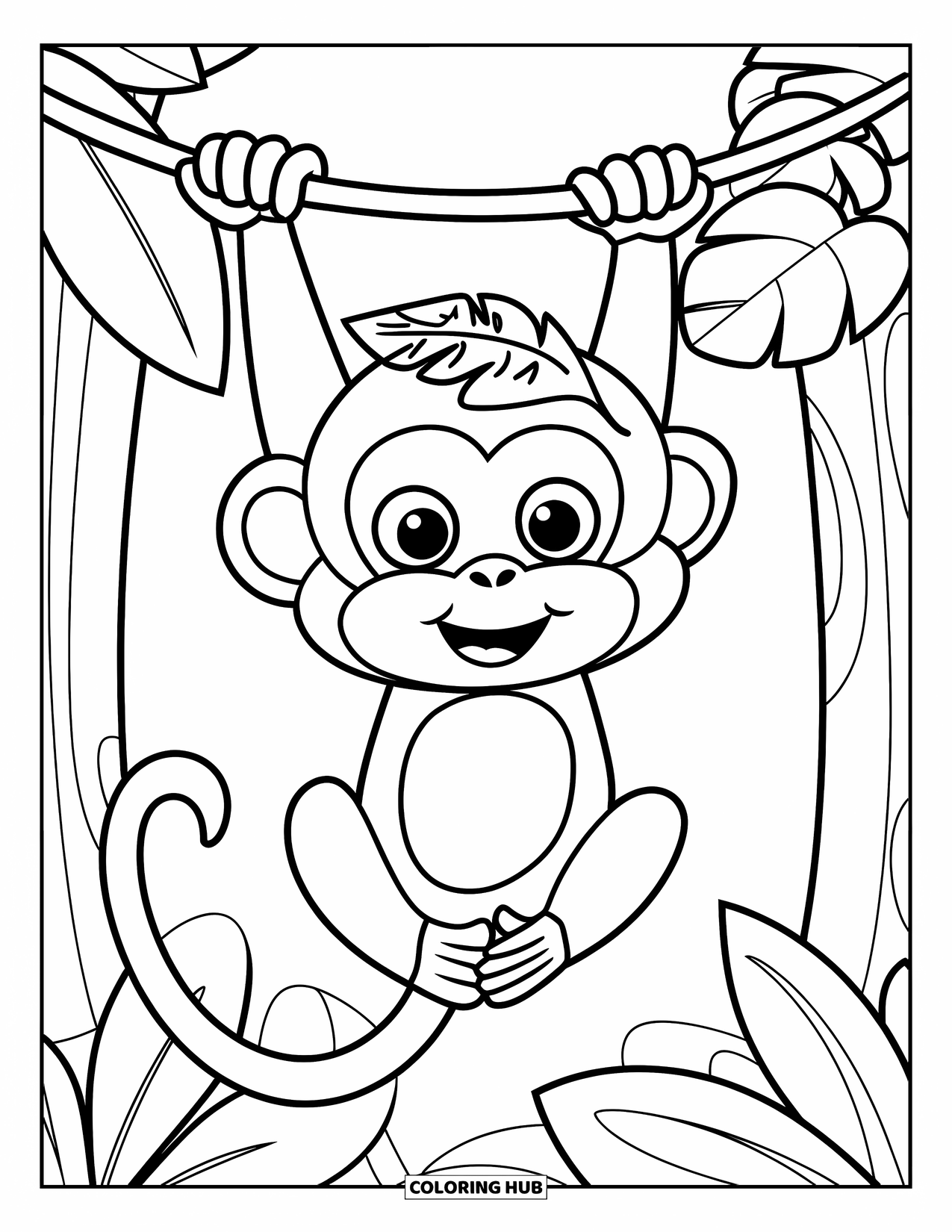 Brazil Coloring Page for Kids: A happy monkey dangles from a vine among tall trees
