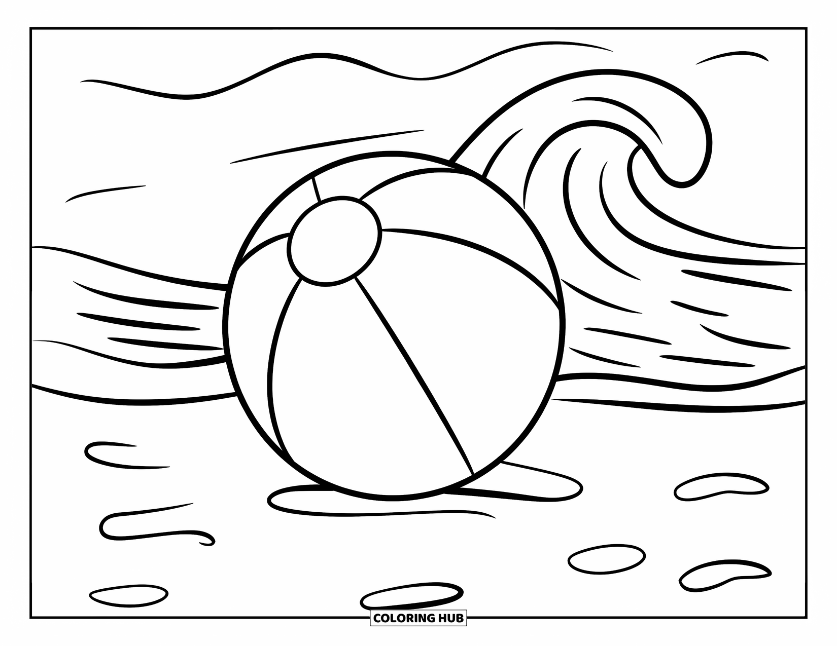 Brazil Coloring Page for Kids: A playful beach ball near gentle waves and sandy footprints